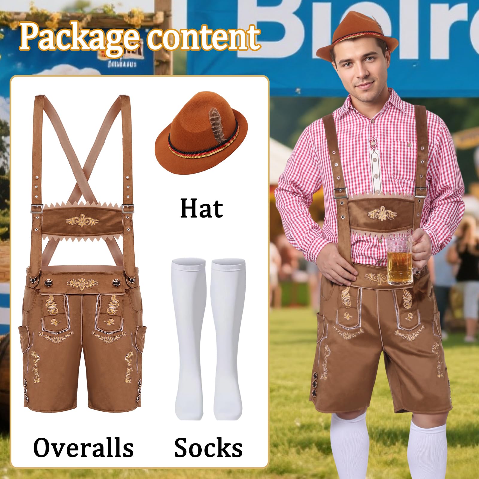 Strój męski na Oktoberfest, bawarski tradycyjny strój męski na Oktoberfest z tradycyjnymi skórzanymi spodniami, kapeluszem i skarpetkami na karnawałową imprezę cosplay (Brązowy, L)