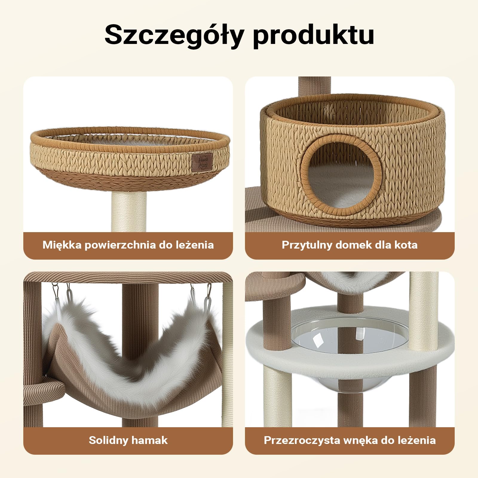 Fudajo Forest Lodge drapak o wysokości 168 cm w kolorze beżowym, drapak z domkiem dla kota, legowiskiem, hamakiem, przezroczystą wnęką do leżenia oraz słupkami do drapania z papierowej liny