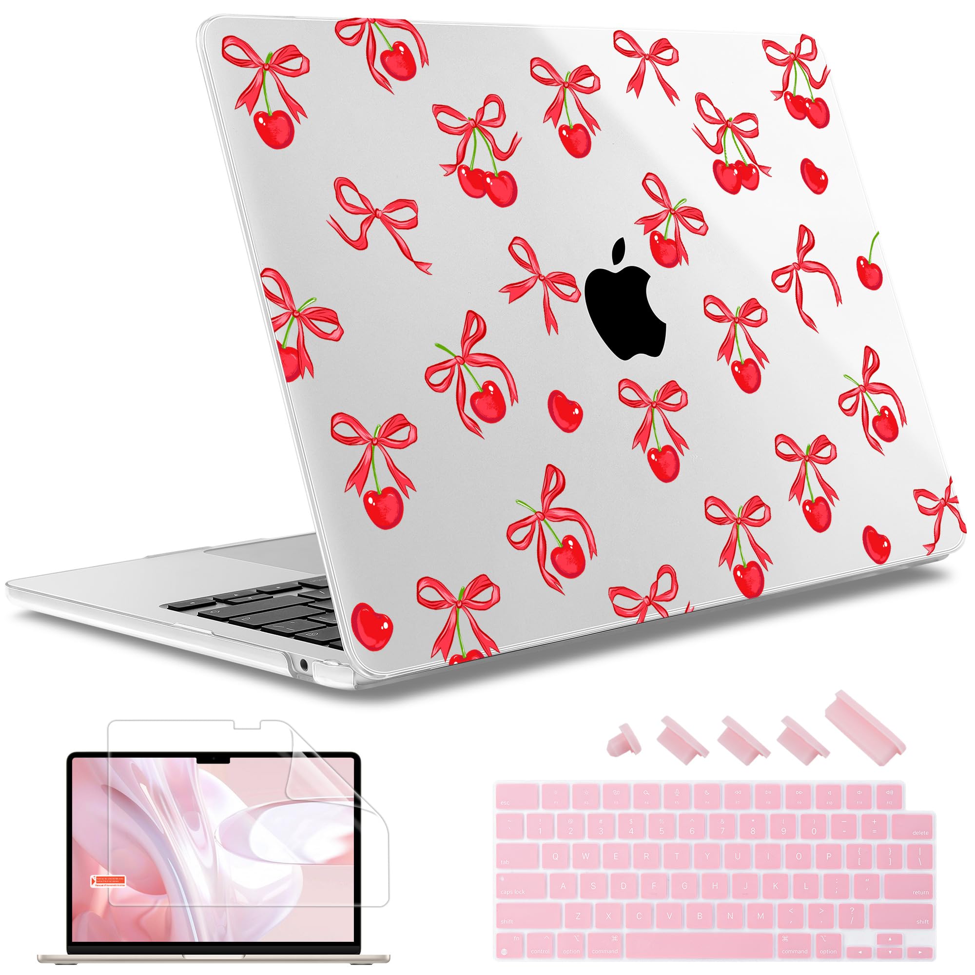 May Chen for MacBook Air 13.6 Inch Case 2025 2024 2023 2022 Release Models: A3240 M4 A3113 M3 A2681 M2, Plastic Hard Shell Case for MacBook Air 13.6" with Retina Display, Cherries Ribbon Bows