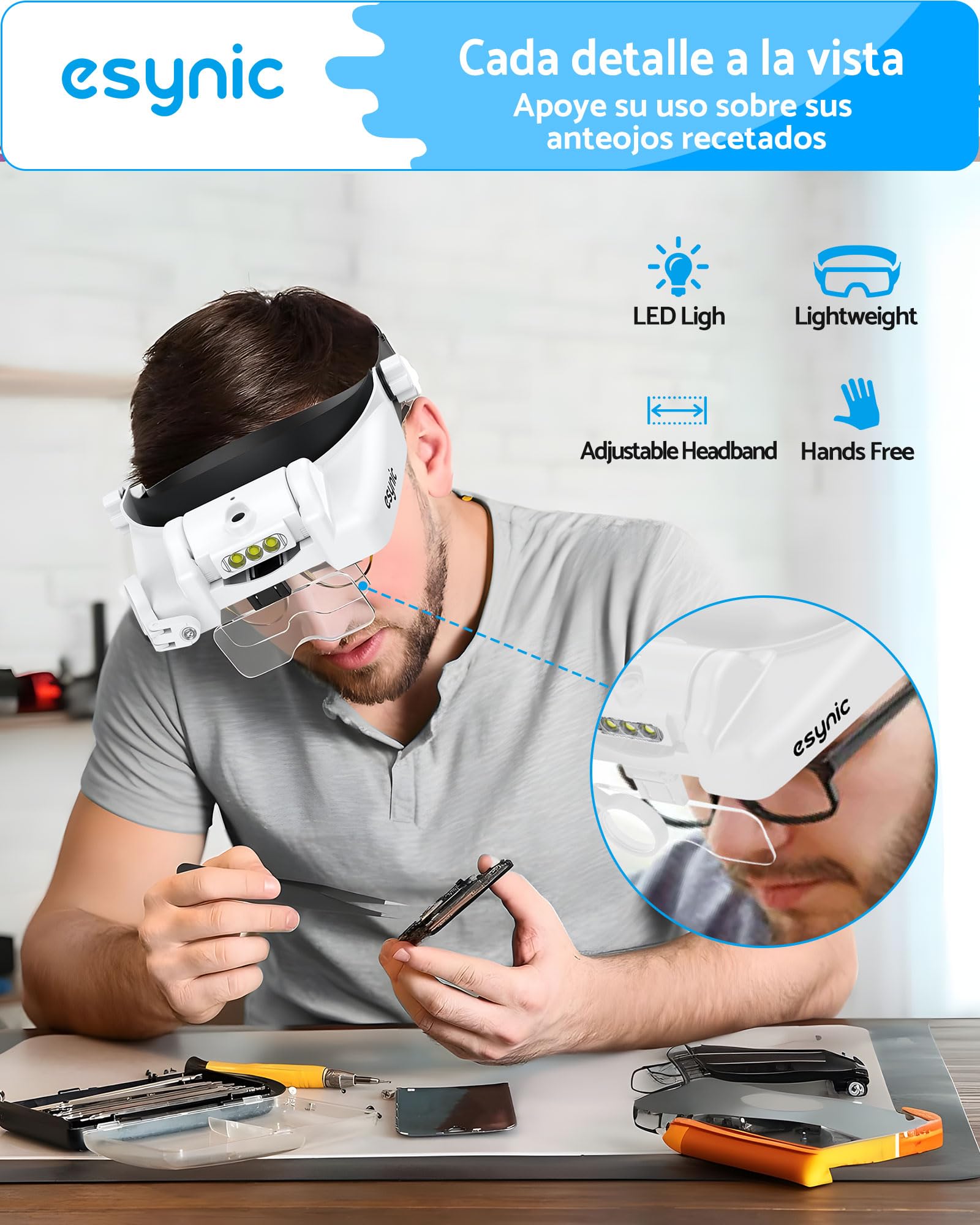 eSynic Gafas de Lupa Recargable con 3 LED, Lupa de Gran Aumento 1X a 14X con Ajuste de Brillo y 5 Lentes Desmontables (1.0X,1.5X,2.0X,2.5X,3.5X) para Manualidades,Leer,Coser,Reparación