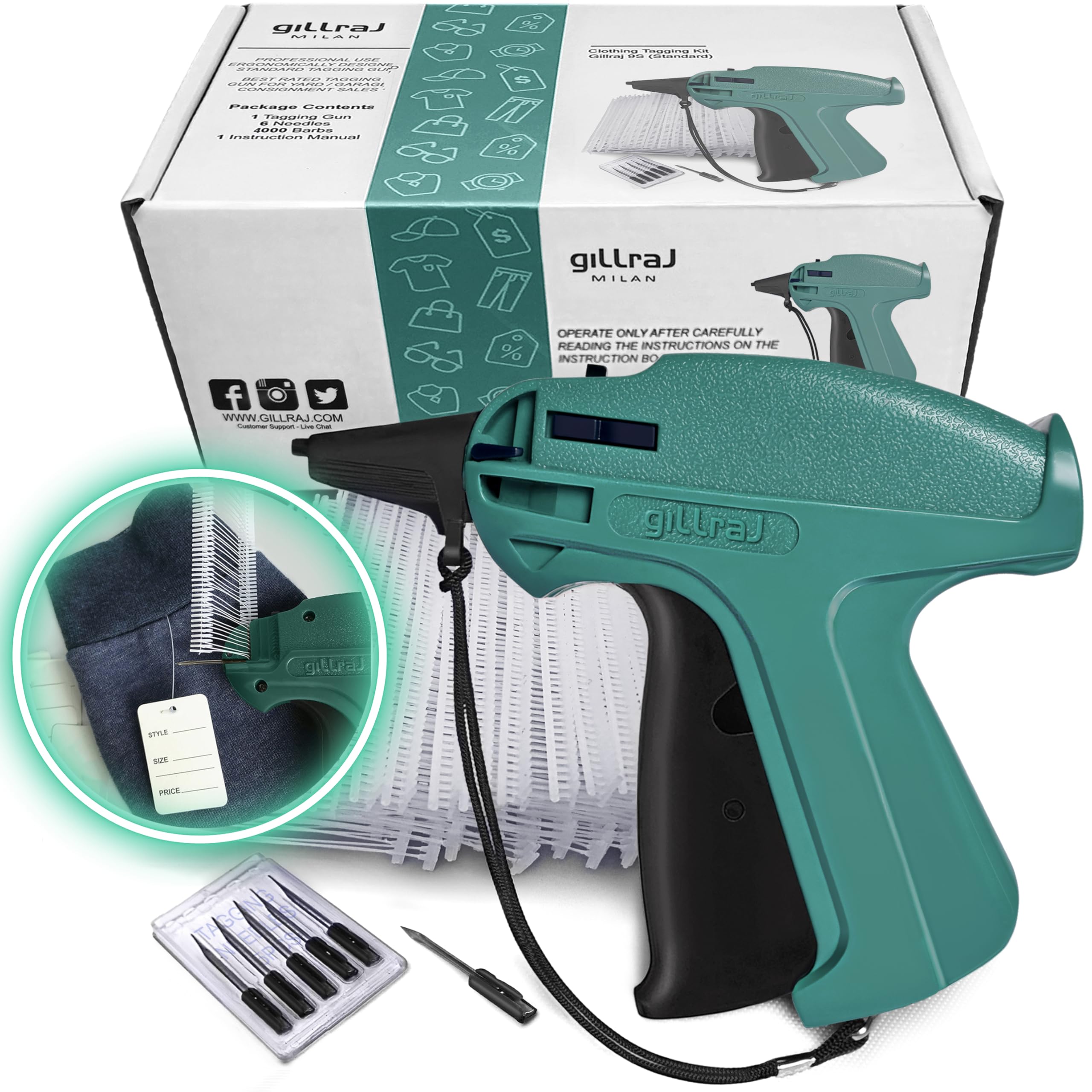 GILLRAJ® Price Tagging Gun【Not-a-Stitch-Gun】 Hangtag Attacher with 4000pcs 2" Long Barbs Fasteners & 6 Needles, Retail Pricing Tag Gun for Stores Consignment Garage Yard Sale