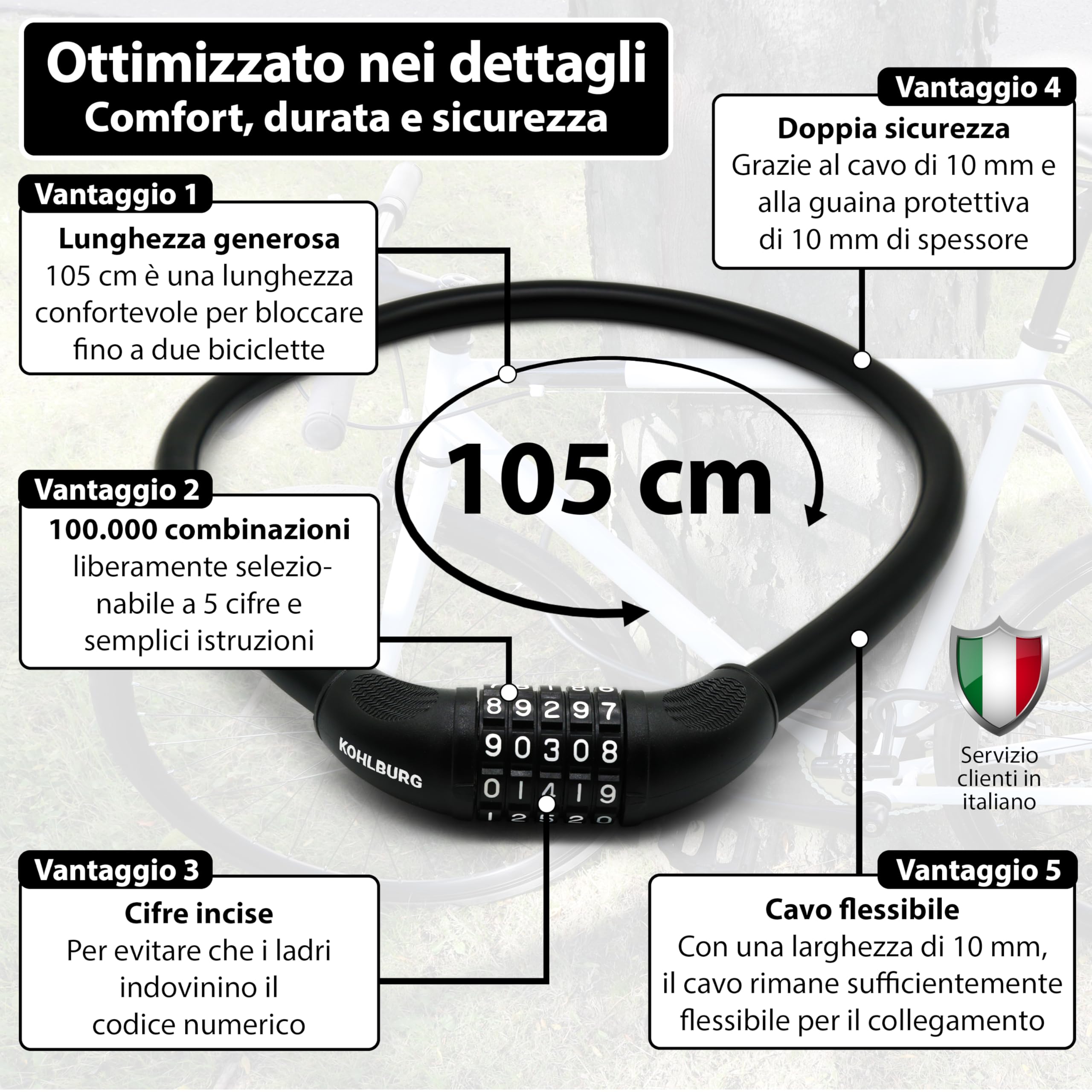 KOHLBURG Antifurto a cavo a combinazione | lungo 105 cm & 20 mm di spessore | Lucchetto a cavo per alta sicurezza con combinazione numerica | Antifurto con codice con numeri per bici elettrica, scooter