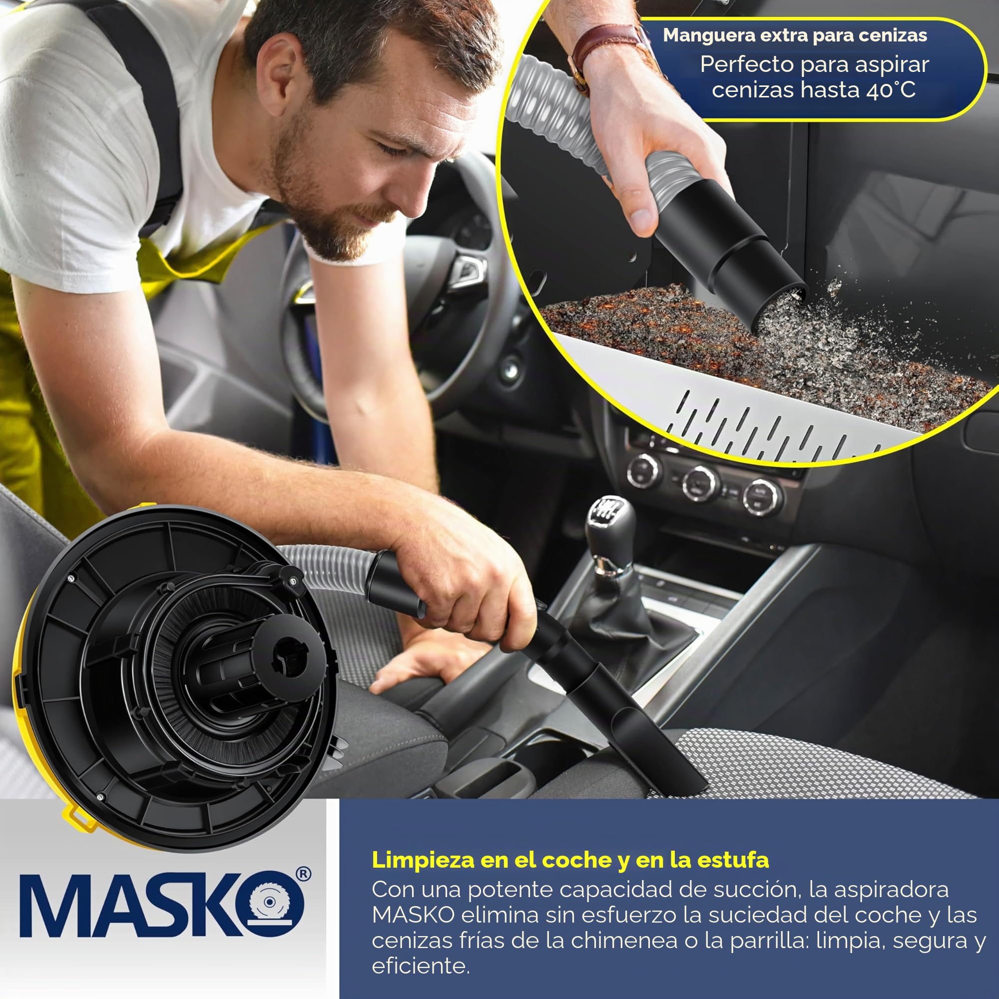 Masko® 6IN1 Aspirador Industrial en seco y húmedo de Cenizas 2300W + Toma de Corriente Función de soplado en seco y húmedo | sin Bolsa (Gelb)