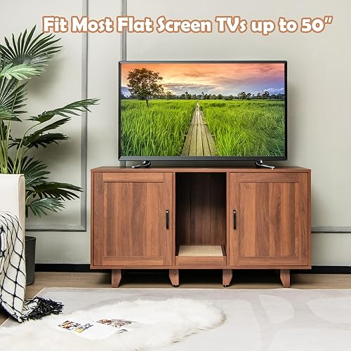 Miniatura 9 de PETSITE Caja de arena para 2 cajas de arena, mesa auxiliar oculta para baño de gatos con 2 gabinetes, tabla de rascar, muebles de arena para gatos