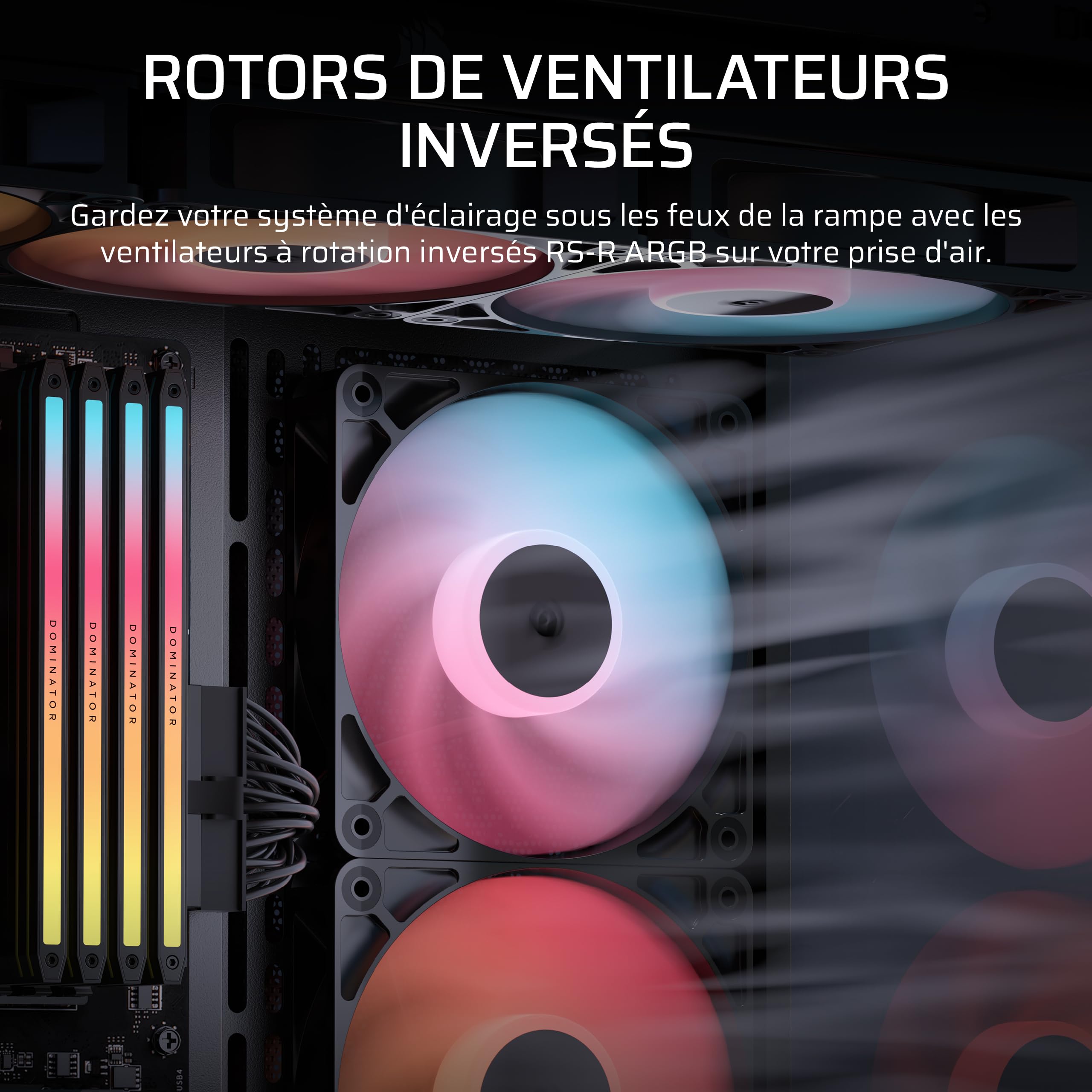 CORSAIR RS120-R ARGB 120mm PWM +5 ARGB Inversée Ventilateurs – Inversé Rotor, Huit RGB LEDs, Haute Pression Statique, Connecteurs en Série, Roulement à Dôme Magnétique – Pack Triple – Noir