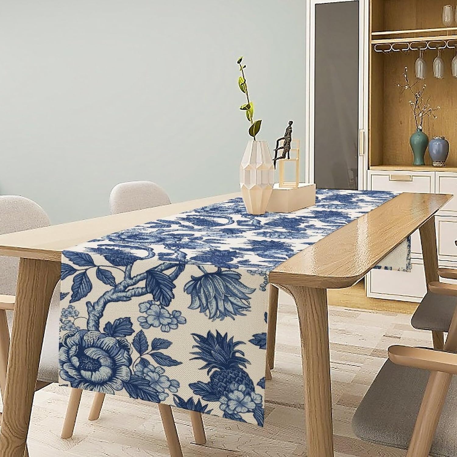 Chinoiserie Pineapple Table Runner, Vintage Asian Garden Summer Exotic Pineapples Leaves Flowers Table Runner for Home Kitchen Dinning Table Indoor Outdoor Holiday, 13x120inch