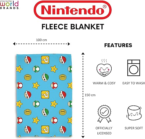 Miniatura 5 de Character World Manta de forro polar de Super Mario con licencia oficial de Nintendo, manta súper suave y cálida, marcas de diseño de continuar