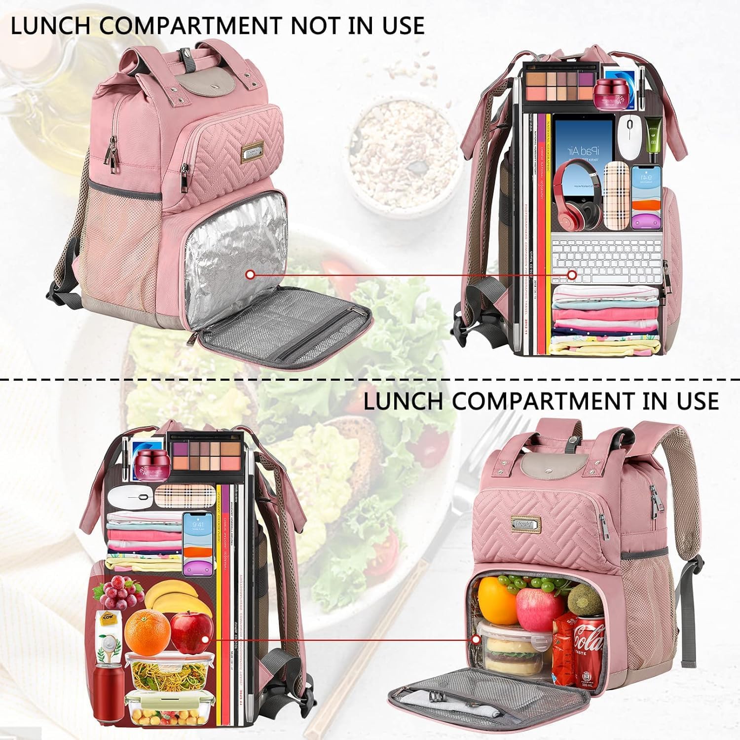 Mogplof Lunch backpack for women, Insulated Cooler Backpacks Lunch Box with RFID Pocket, Water-resistant BackPack, 15.6 inch Laptop College for Nurse Work Travel, Pink