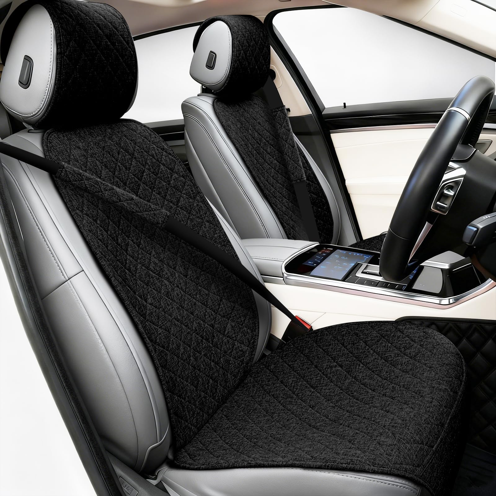 Partsable 2PCS Linen Car Seat Covers Front Seats,Breathable Cloth Fabric Car Seat Protector - Universal Cloth Seat Covers Fit for Cars, Vans, SUVs, Trucks and for All Seasons - Black