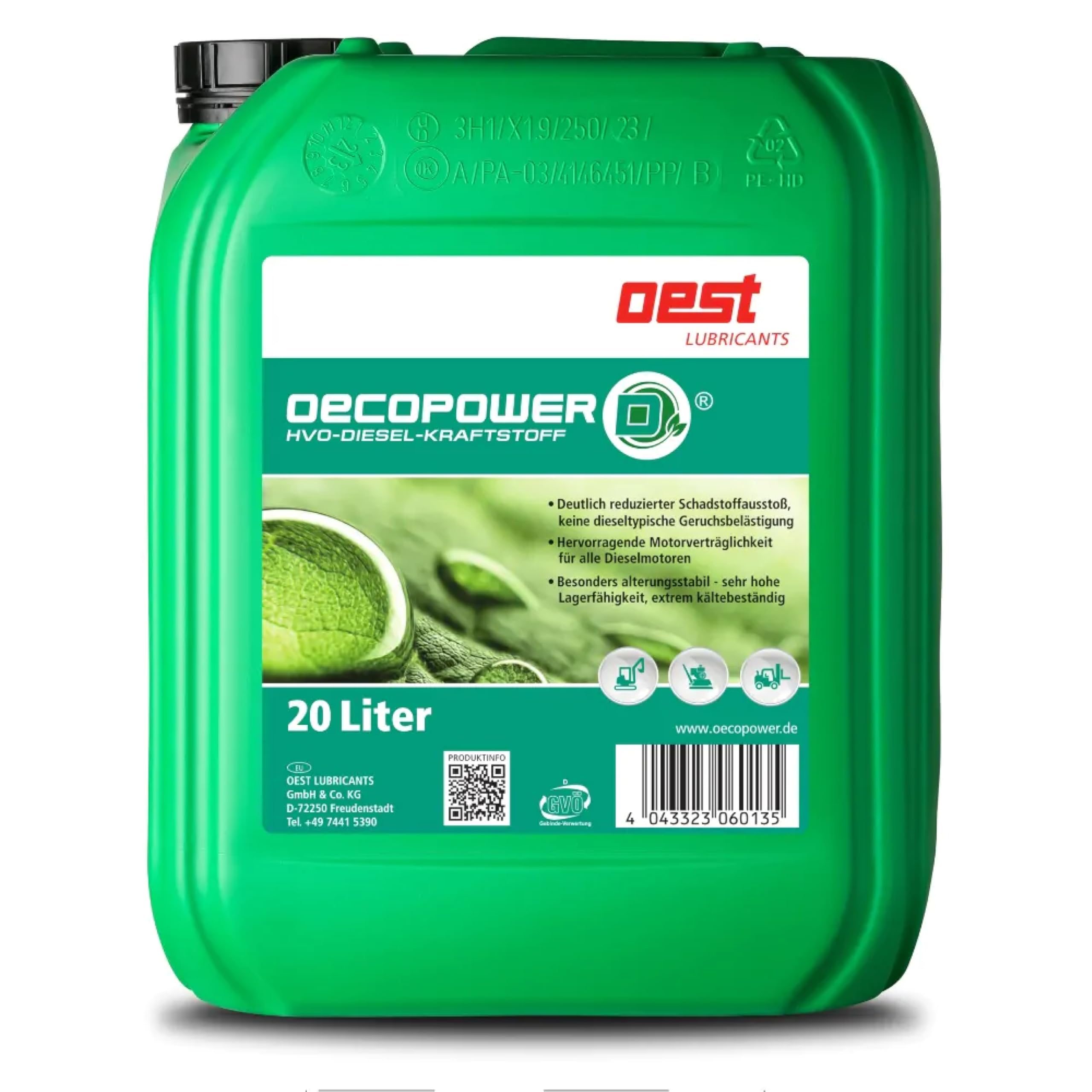 OEST Oecopower D HVO 100 Diesel – 20L Umweltfreundlicher Premium-Dieselkraftstoff | Emissionsarm & geruchsreduziert | Perfekt für Motoren, Generatoren & Stapler | DIN EN 15940 zertifiziert