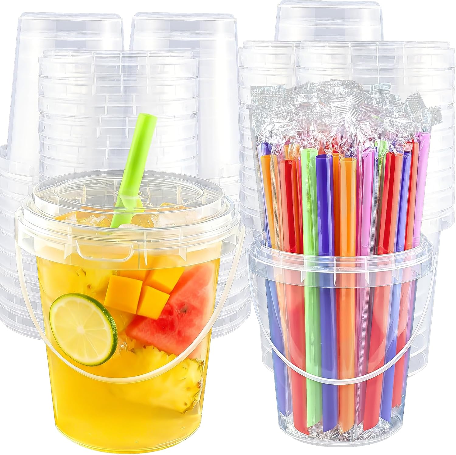 Qsqwsuye 100Sets 34oz Large Disposable Cups with Lids and straws