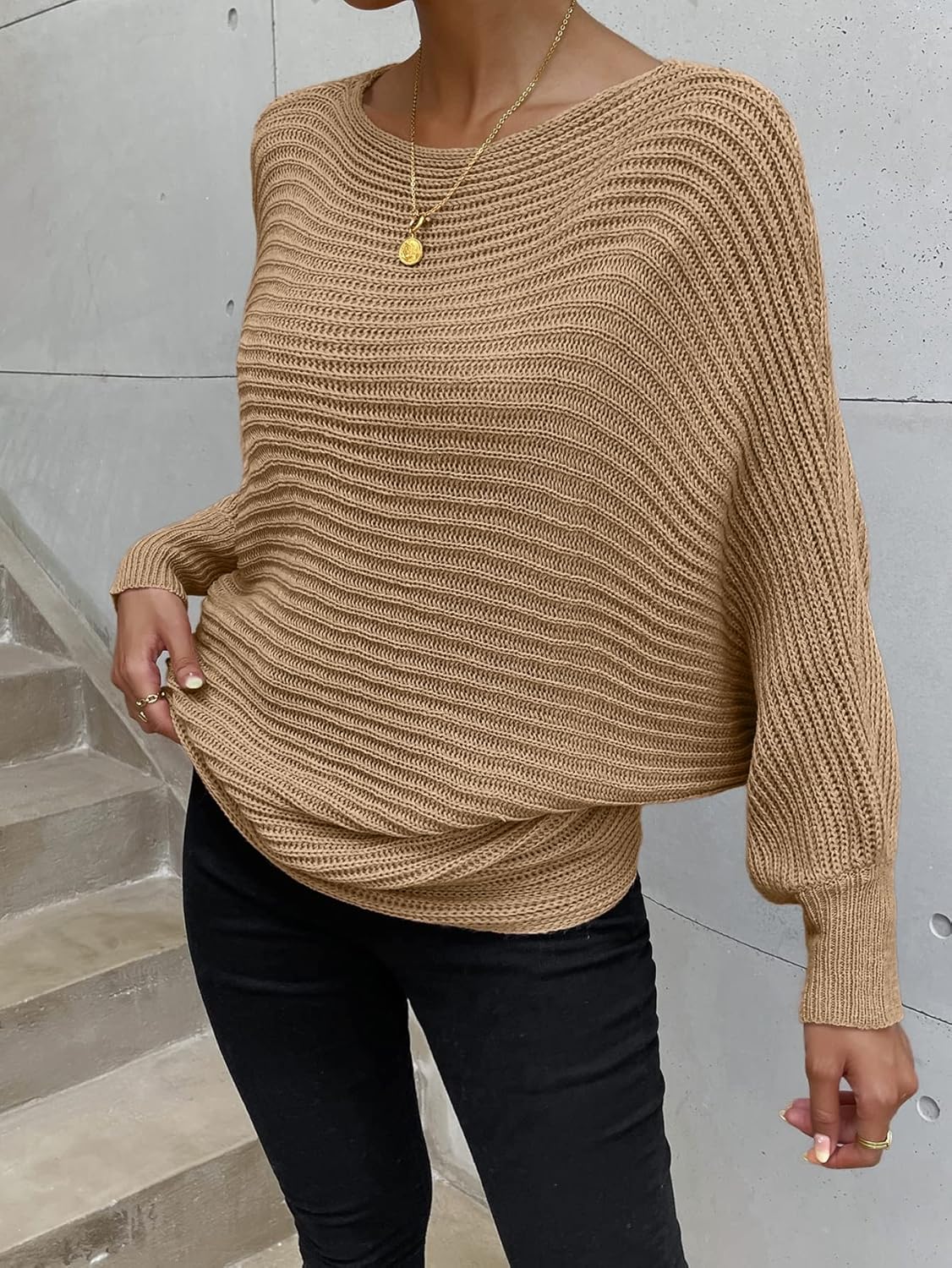 Women's Sweater Solid Batwing Sleeve Sweater Sweater for Women (Color : Khaki, Size : Medium)