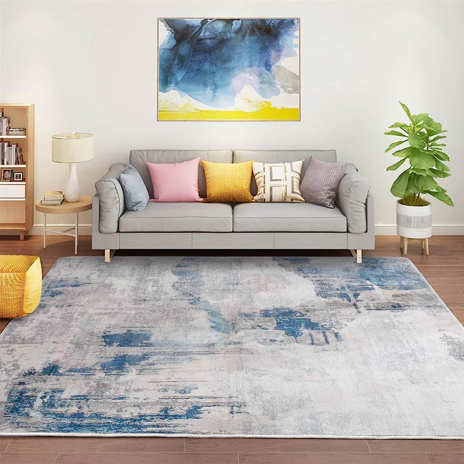 Rugs Living Room Grey Area Rugs for Bedroom Modern Abstract Rug Large Short Pile Rugs Carpet Non-Slip Soft Living Room Rugs Room Decor (200 x 300 cm, Lake Blue/Grey/Beige)