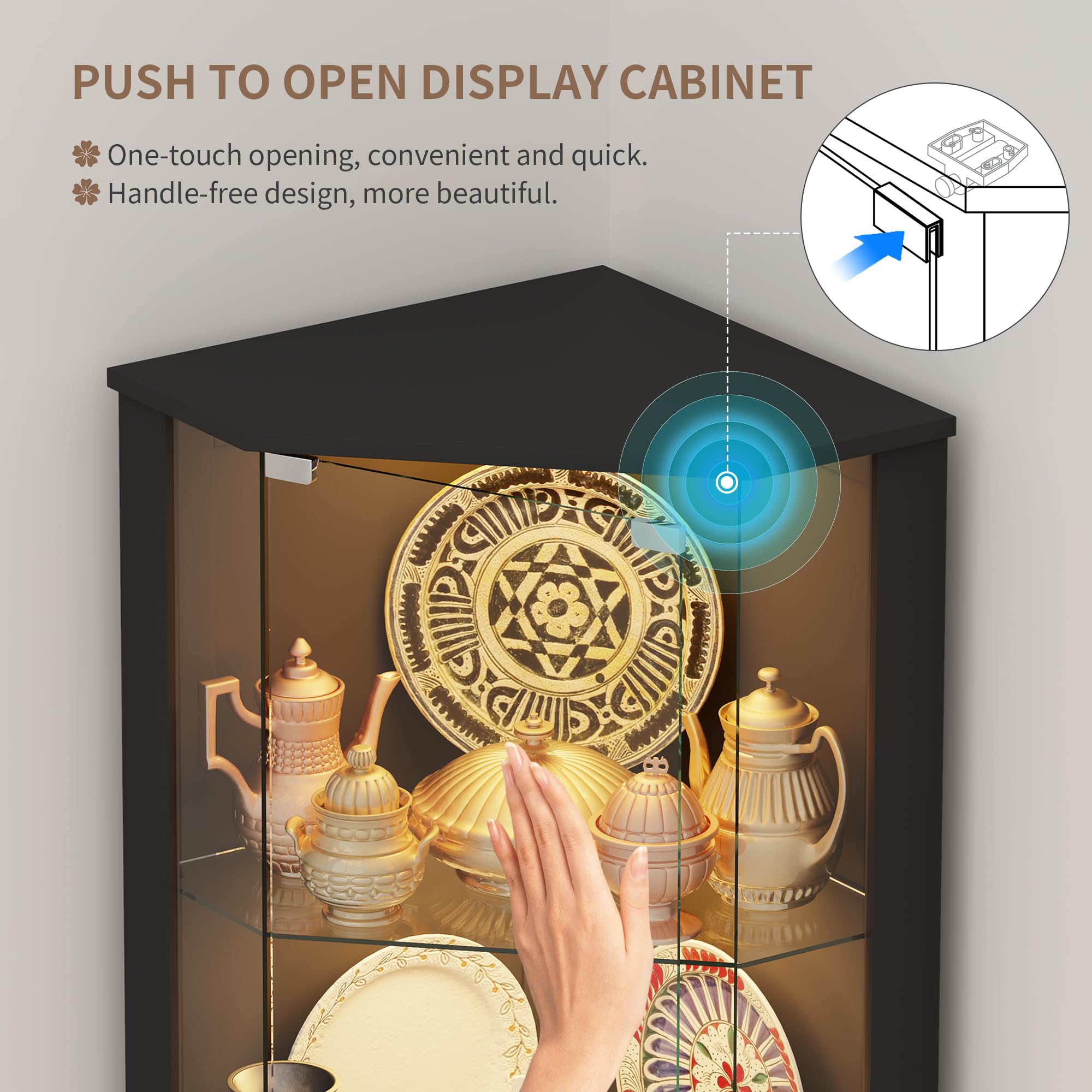 Lvifur Vitrina esquinera con iluminación LED y cajones para Objetos de colección, Vino, Vitrina de Cristal de 3 Niveles con sensores Inteligentes para Sala de Estar, Dormitorio