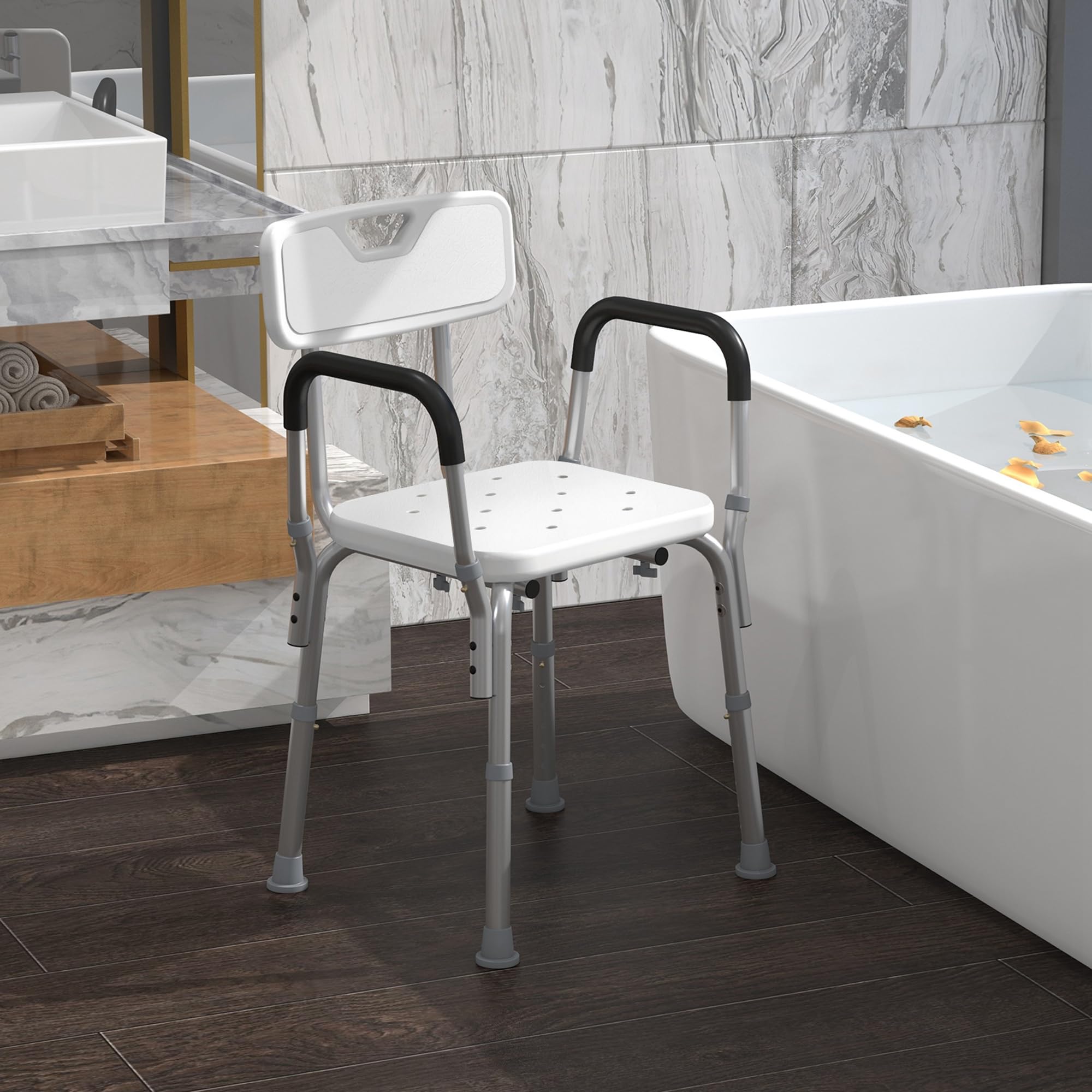 HOMCOM Silla Ducha Personas Mayores Antideslizante con Altura Ajustable | Taburete Ducha, Reposabrazos Regulable, Carga 136 kg, Ancianos Discapacitados, Silla para Baño
