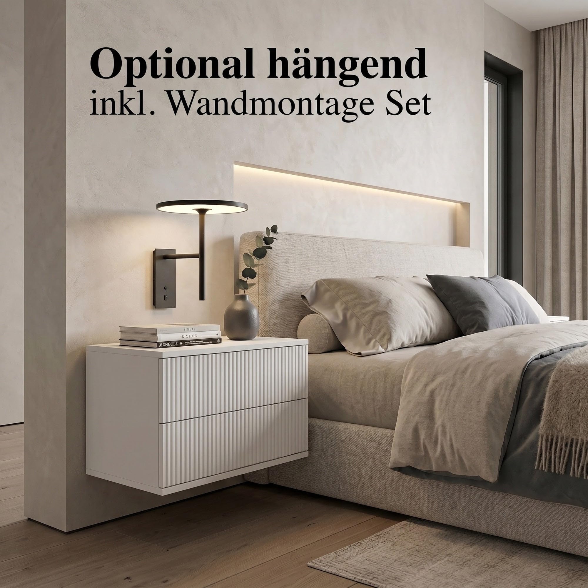 Vladon Nachtschrank Kioto, Weiß/Cashmere geriffelt (60 x 43 x 35 cm)
