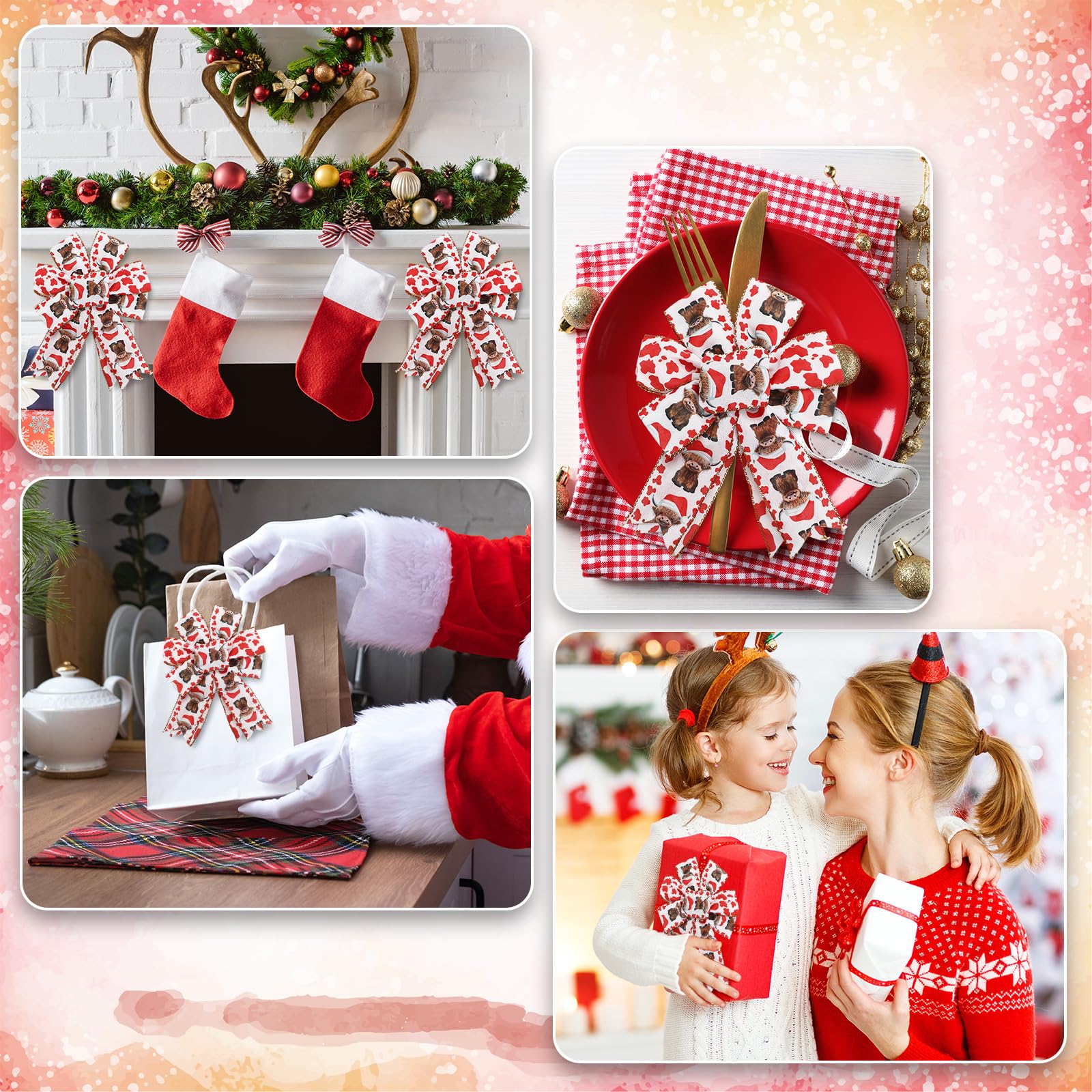 JarThenaAMCS Weihnachtsband mit Drahtrand, Hochlandkuh, Bastelband, rote Kuh, gepunktet, Stoffband für Kranz, Schleife, DIY, Verpackung, Party-Dekoration, 2 Rollen, 20 Meter