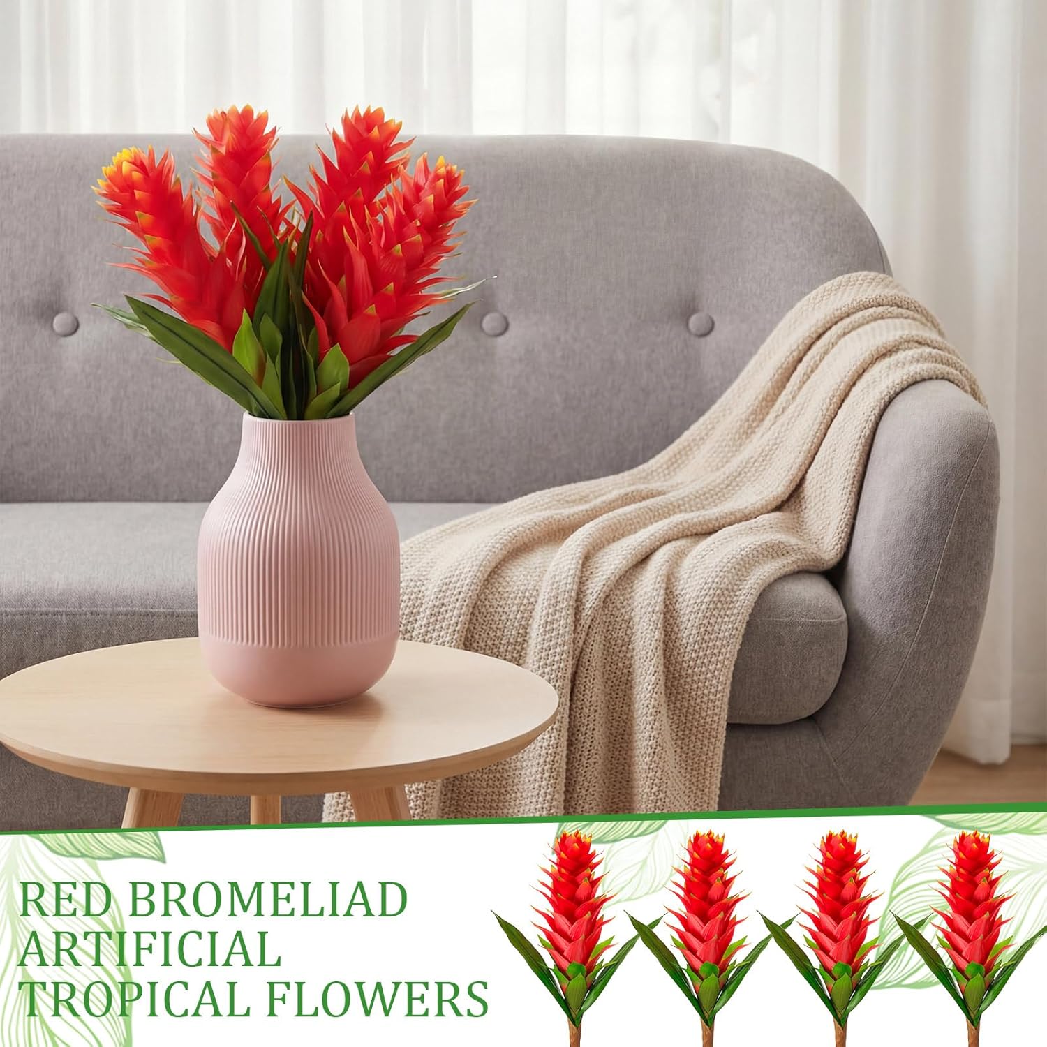 Hotop 4 Pcs 16 Inch Red Bromeliad Artificial Tropical Flowers, Silk Real to Touch Indoor Faux Tropical Imitation Plant Flower for Vase Table Centerpieces, Home, Kitchen, Shelf and Office Decor
