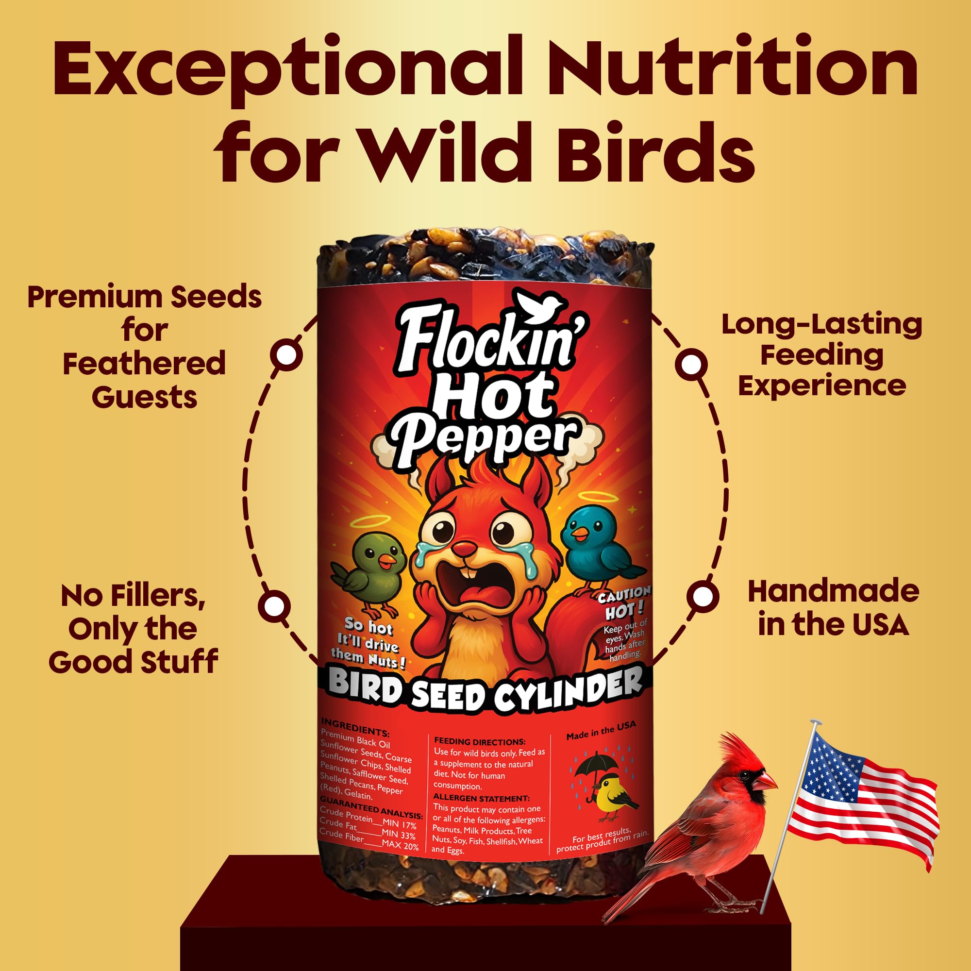Paprika Vogelsamenzylinder mit Loch - Eichhörnchensicher Vogelsamen Würzig - Perfekt für Kardinäle, Spechte, Finken, Spatzen & mehr - Wildvogelfutter ohne Füllstoff - Hergestellt in den USA (1,7 kg