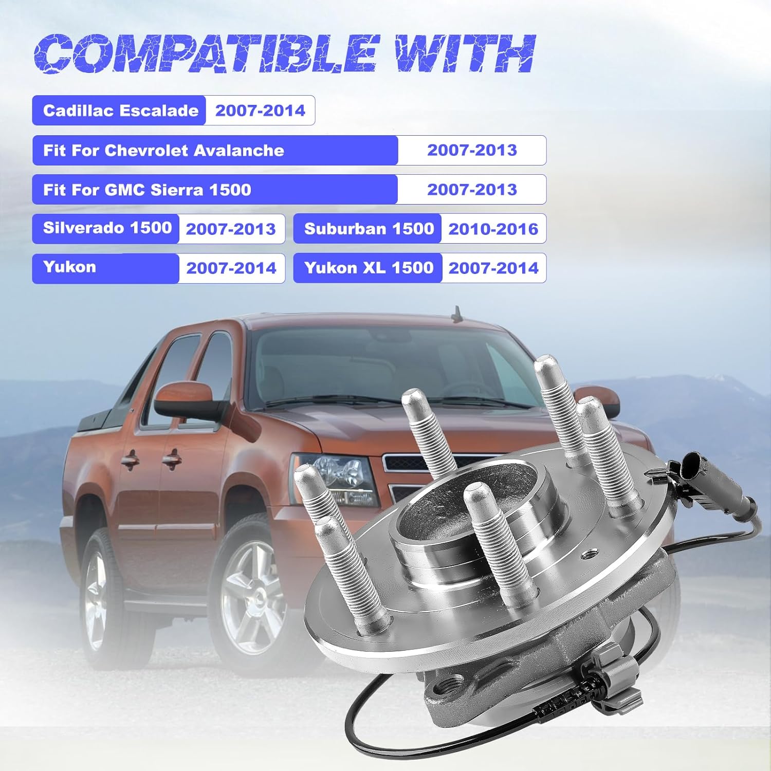 Front Wheel Hub Bearing Assembly with ABS Compatible with Cadillac Escalade, Chevrolet Avalanche, Silverado 1500, Suburban 1500, Tahoe, GMC Sierra 1500, Yukon, Yukon XL 1500