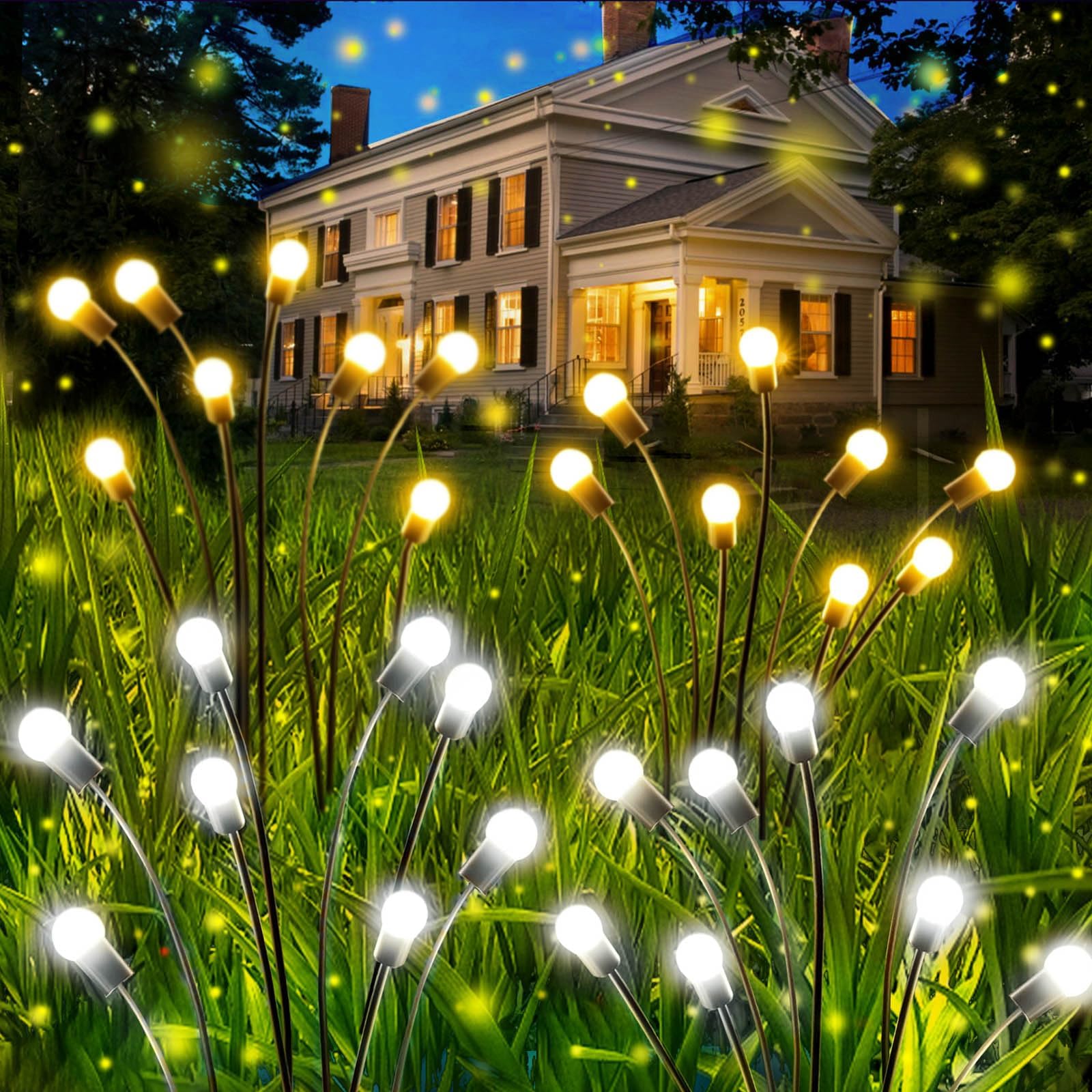 OZS 4-Pack Warm White & 4-Pack Cool White Total 64LED Solar Garden Lights Fairy Outdoor - Solar Firefly Lights Outdoor, Sway by Wind, Waterproof for Yard Garden Fairy Decoration