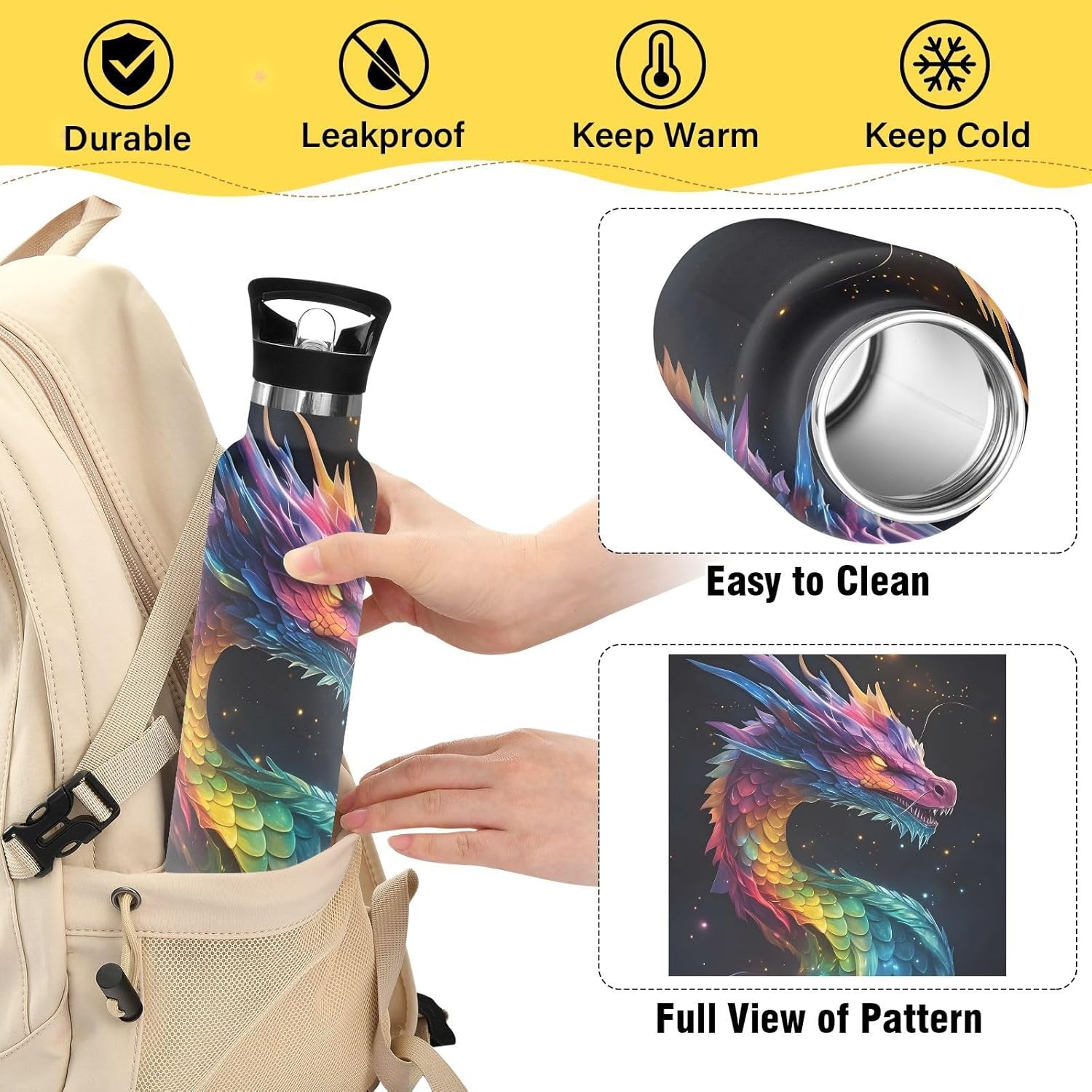 Dragon Galaxy Colorful Water Bottles for Boys Kids Stainless Steel Bottle Cups with Straw Lid Leakproof Insulated Flask Jug 20 oz