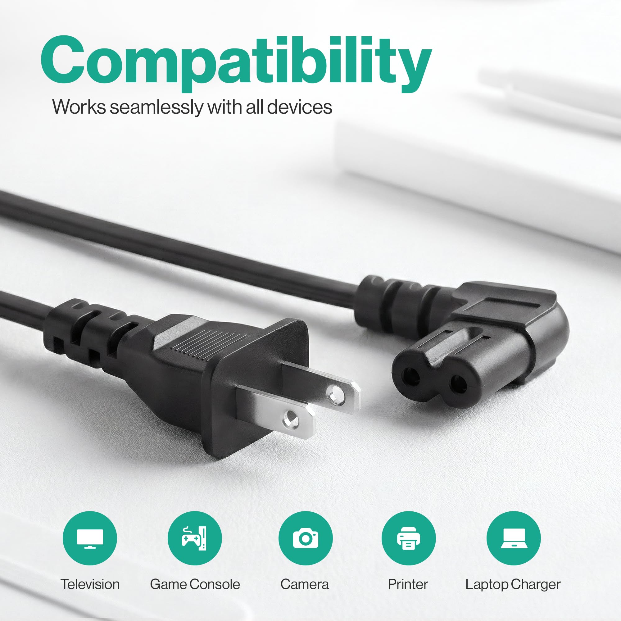 AC 90 Degree Right Angle 2 Prong TV Power Cord Replacement 5ft L Shaped Angled IEC C7 TV Cable for Samsung, LG, TCL, Hisense, Sony, Vizio, Insignia, Sharp, Toshiba — view 4