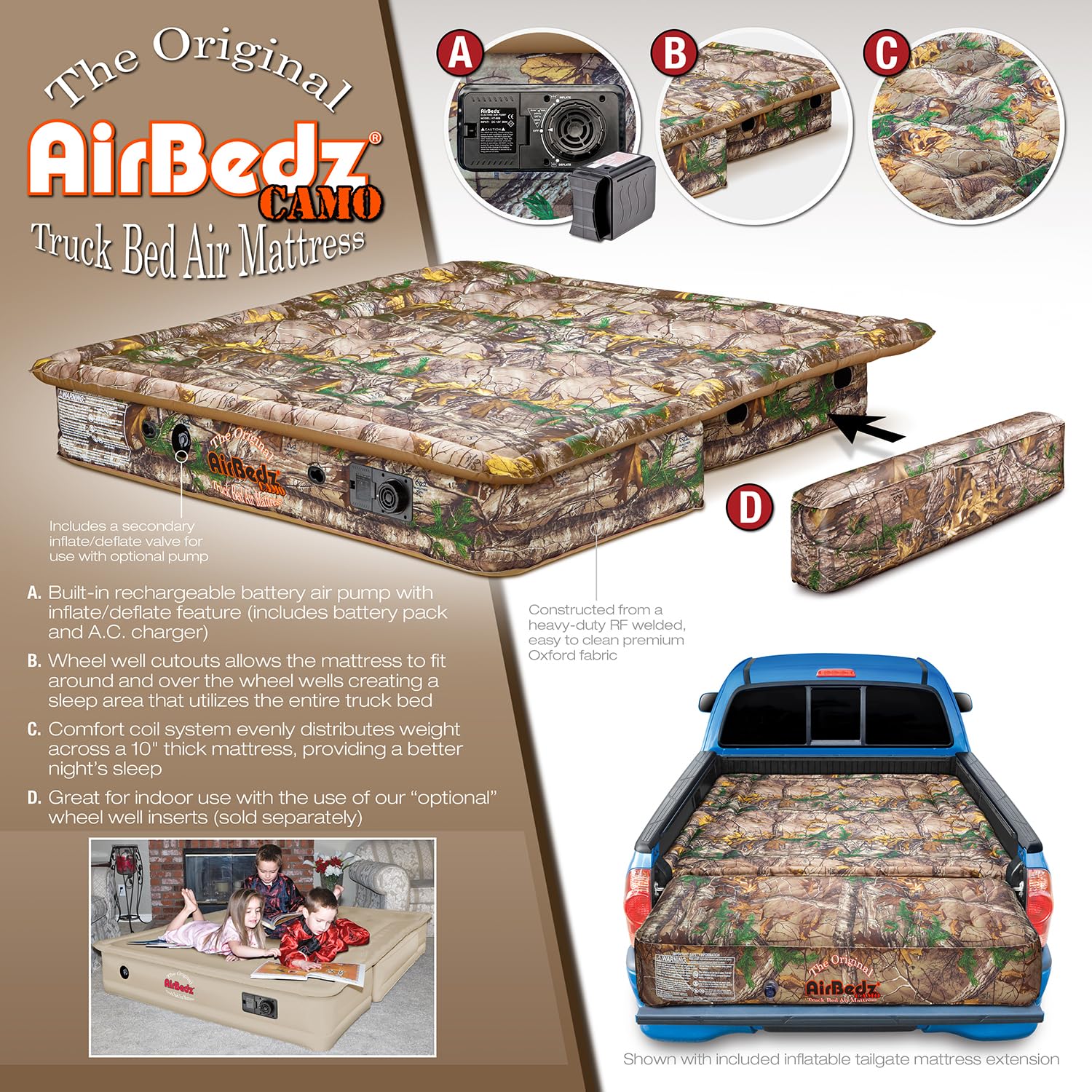 AirBedz RealTree Camo PPI 405 średni rozmiar 13,5 cm krótkie łóżko z wbudowaną baterią akumulatorową pompką powietrza z materacem tylnej klapy, 1 opakowanie