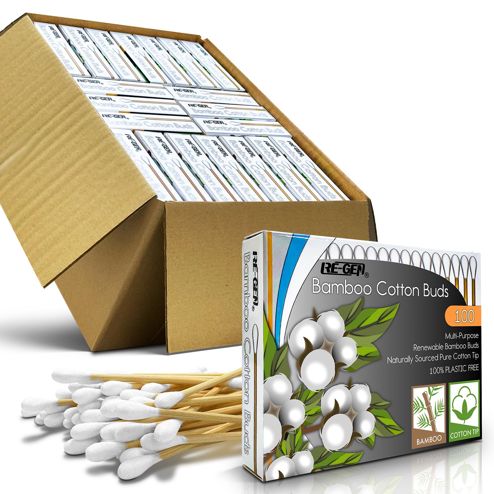 RE-GEN Bamboo Cotton Buds 2000 Pack (20x 100pc Box), White