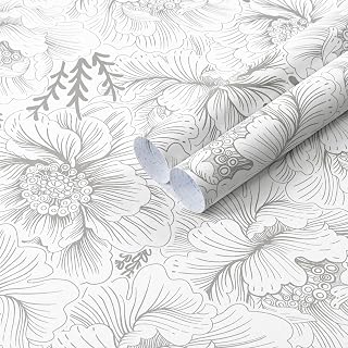 Guvana 17.3in×118in Floral Peel and Stick Wallpaper Boho Contact Paper Grey and White Wall Paper Modern Waterproof Wallpaper for Bathroom Bedroom Neutral Farmhouse Self Adhesive Removable Vinyl Roll