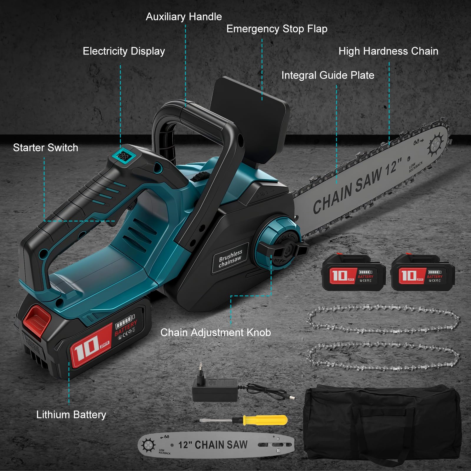 WingFly Motosierra Eléctrica 12 pulgadas con Batería de 6000 mAh, 1200 W | Brushless Motosierra de Mano, Engrasador automático, Sierra de podar eléctrica para cortar madera, árboles, Jardinería