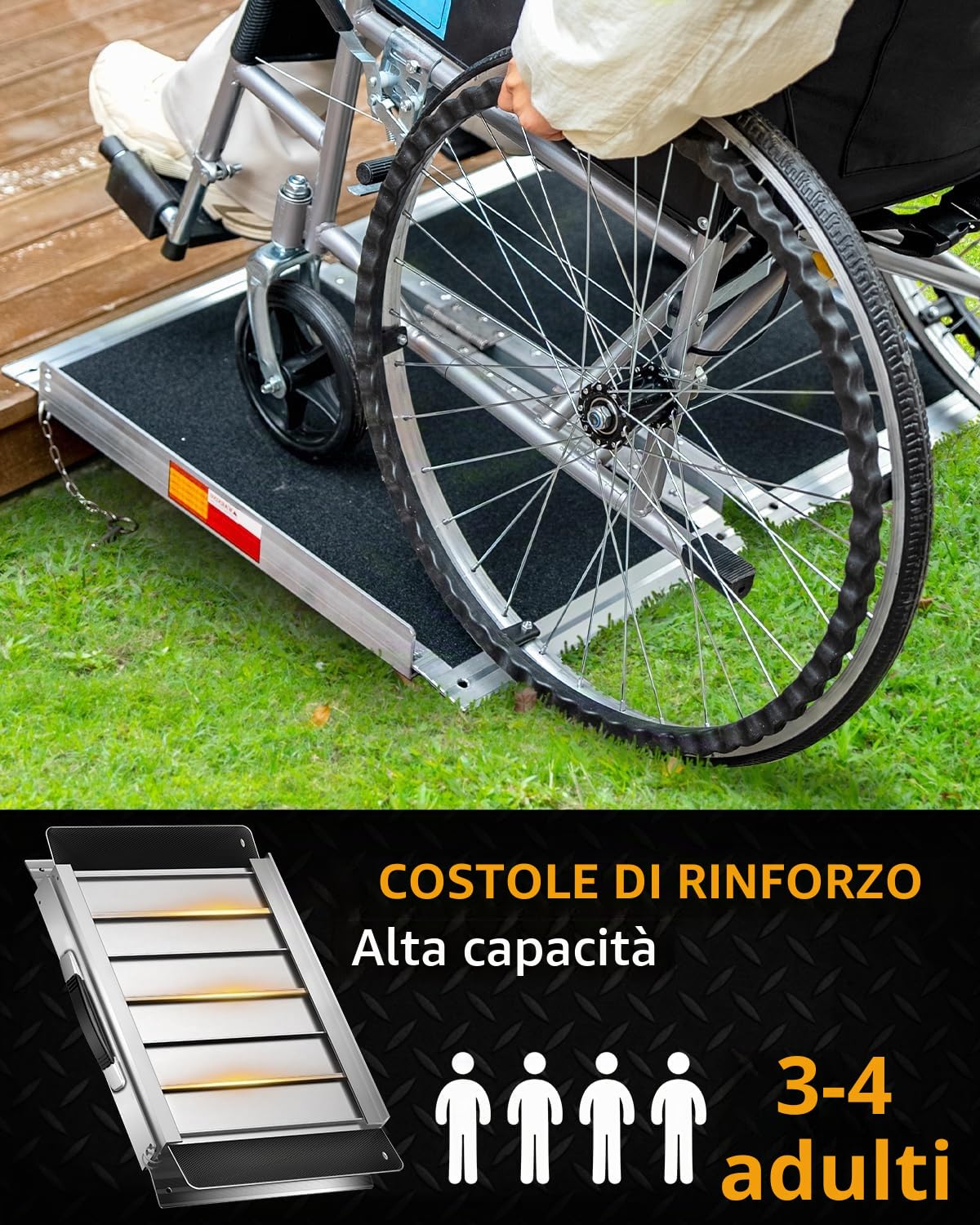 Rampa per Sedia a Rotelle 91CM, Capacità 363KG, Rampa Disabili Pieghevole Antiscivolo in Alluminio con Superficie in Carborundum per Gradini, Soglie, Cordoli, Scale e Auto