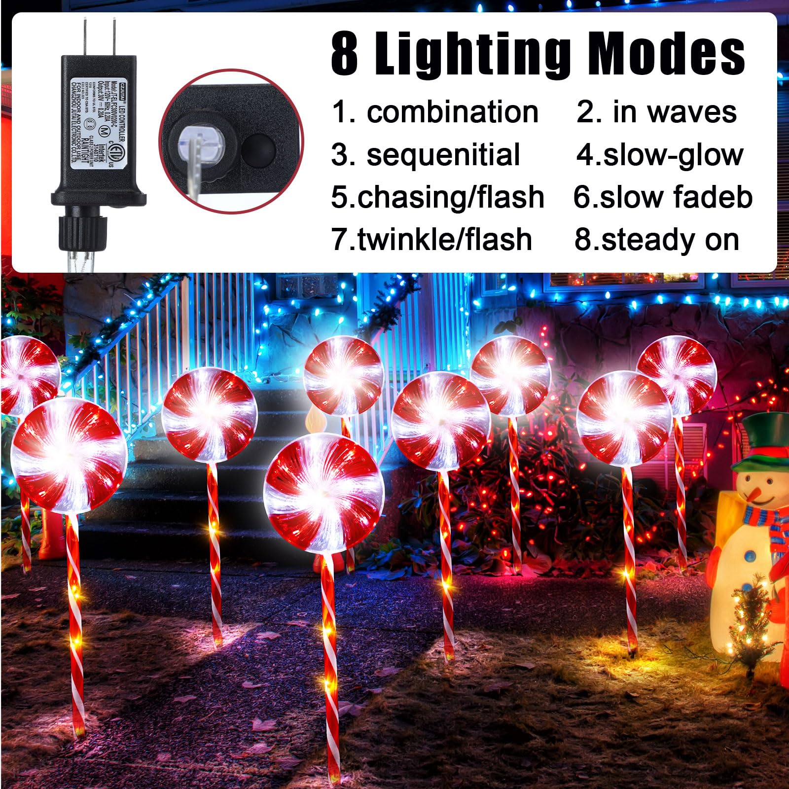 9 Pack Christmas Lollipop Lights Outdoor Pathway Decoration 28.7 Inch Peppermint Candy Cane Lights 8 Modes Waterproof Lights for Xmas Outsides Walkway Yard Path Garden (White Red, White Light)