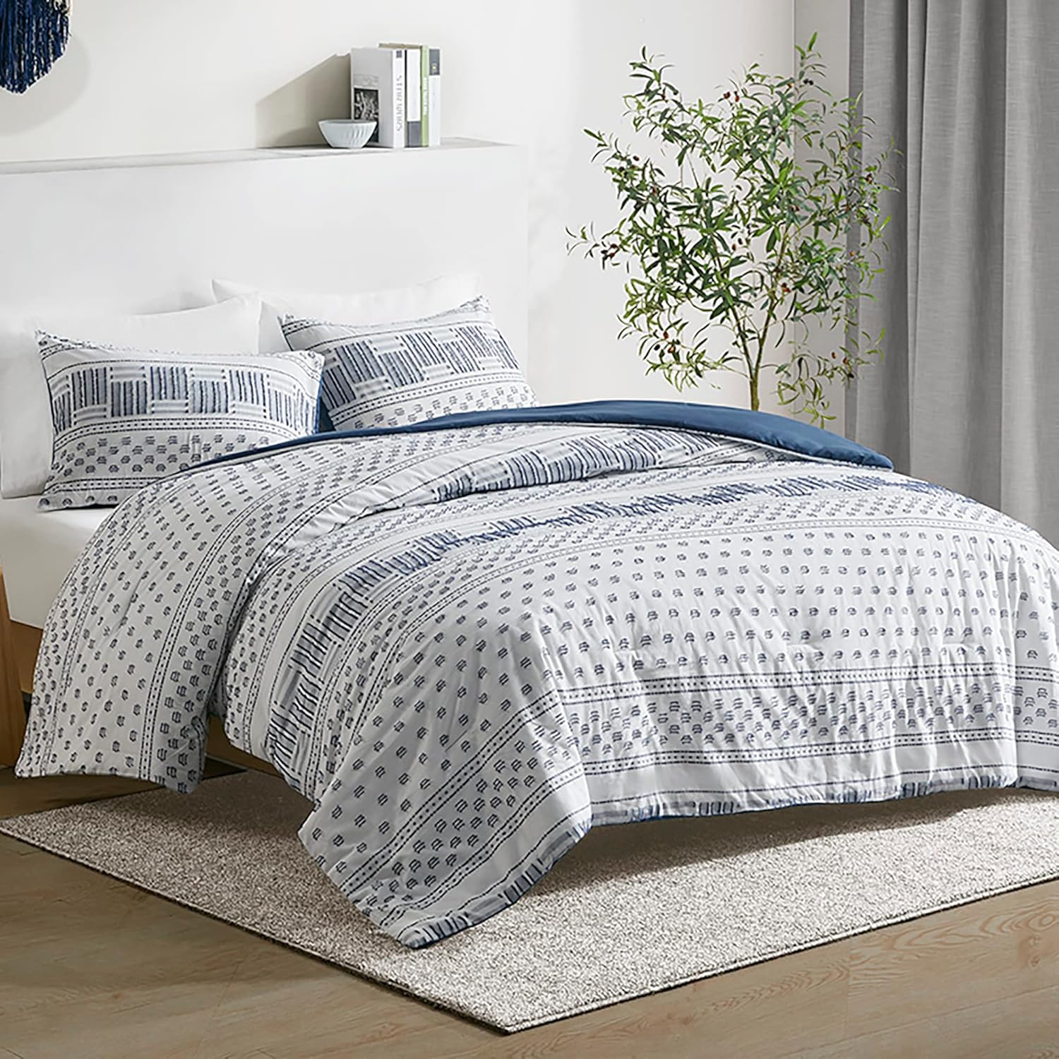 Hyde Lane Modern Navy Bedding, Blue King/Cal King Farmhouse Comforter Set, Cotton Top with Boho Style Clipped Jacquard Stripes 3-Pieces/W Matching Pillow Shams (104x90 inches, Navy)