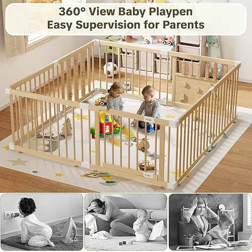 Miniatura 7 de Corralito de madera para bebés con bloqueo de seguridad para niños, patio de juegos extra grande para bebés y niños pequeños, centro de actividades