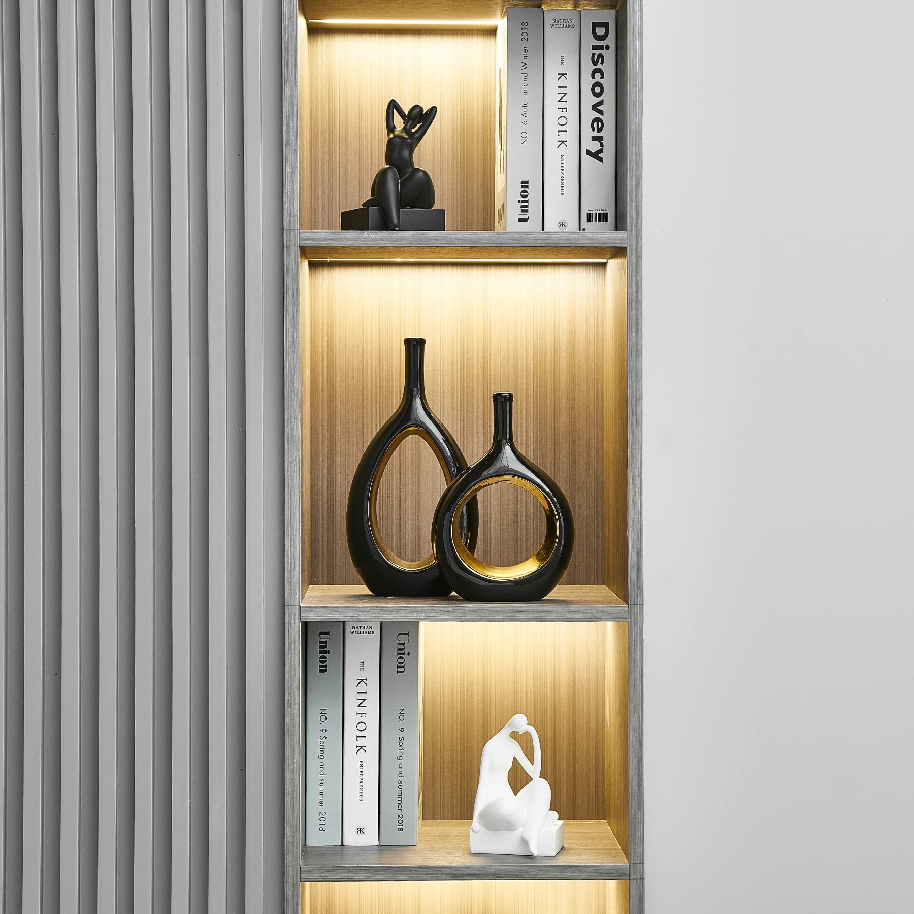 Octdays Schwarz und Gold Vase für Dekor, Moderne Keramikvase für Blumen, Minimalistische Vase, Hohle Ovale Vase für Heimdekoration, Wohnzimmer, Büro, Bücherregal Dekoration, 2er Set (Schwarz Gold)
