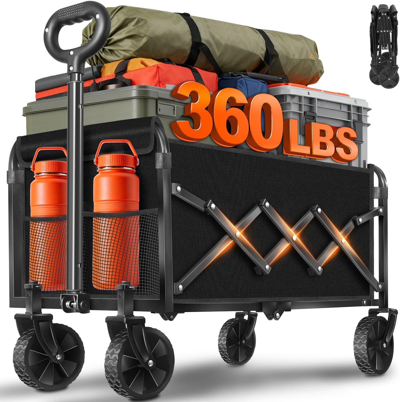 Wagons Carts Foldable - Portable Folding Collapsible Wagons with Wheels - Heavy Duty Utility Carts for Groceries, Shopping, Camping, Sports, Garden，Beach - Black
