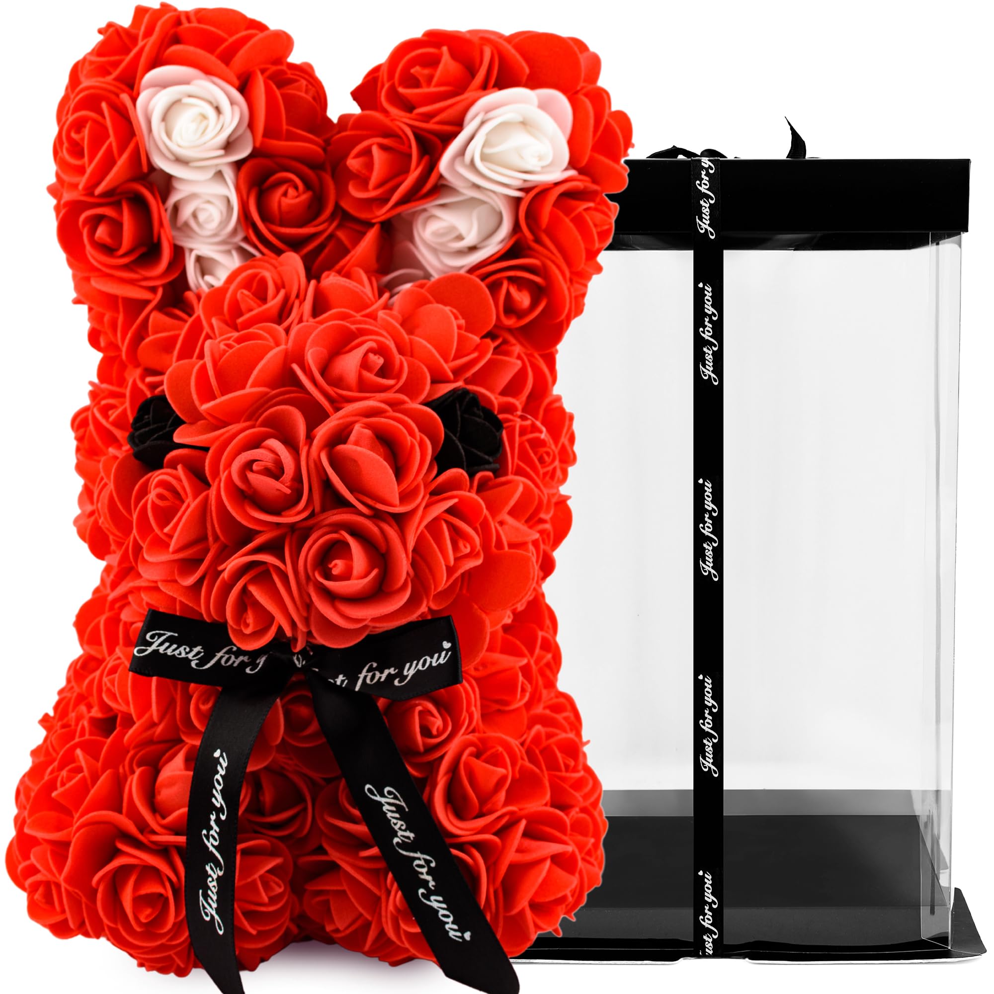 TJC 28cm Rose Teddy Bear Flower Bear with Gift Box Birthday Romantic Valentines Gifts for her Girlfriend Love Friends Wife Fiancée PE Material with Bow Tie Everlasting Forever Red and White