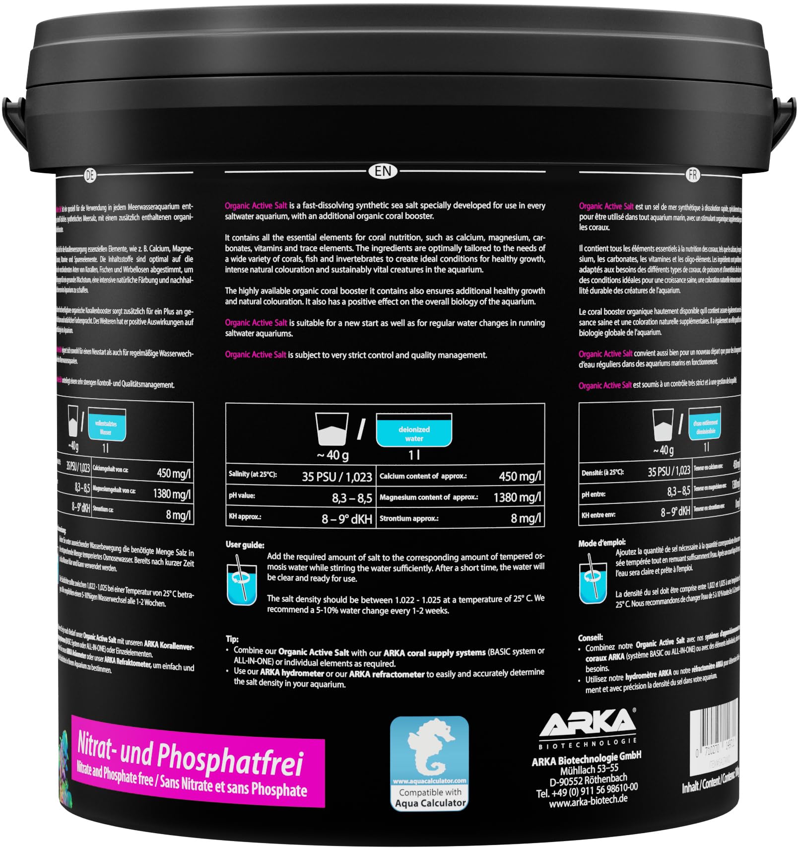 Sel Marin récifal Actif – ARKA Organic Active Salt 10 kg – avec activateurs organiques pour Croissance coraux & Couleurs Vives – sans Phosphate – se dissout Vite – Eau Stable & sûre