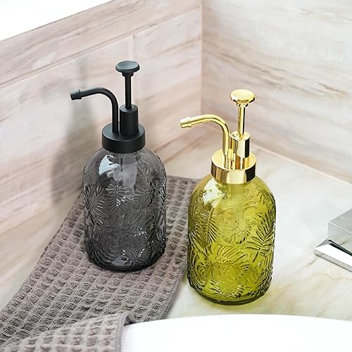 Miniatura 3 de Dispensador de jabón de vidrio con bomba, patrón de hojas tropicales vintage de 12 onzas, vidrio grueso y plástico, accesorio de baño o cocina de