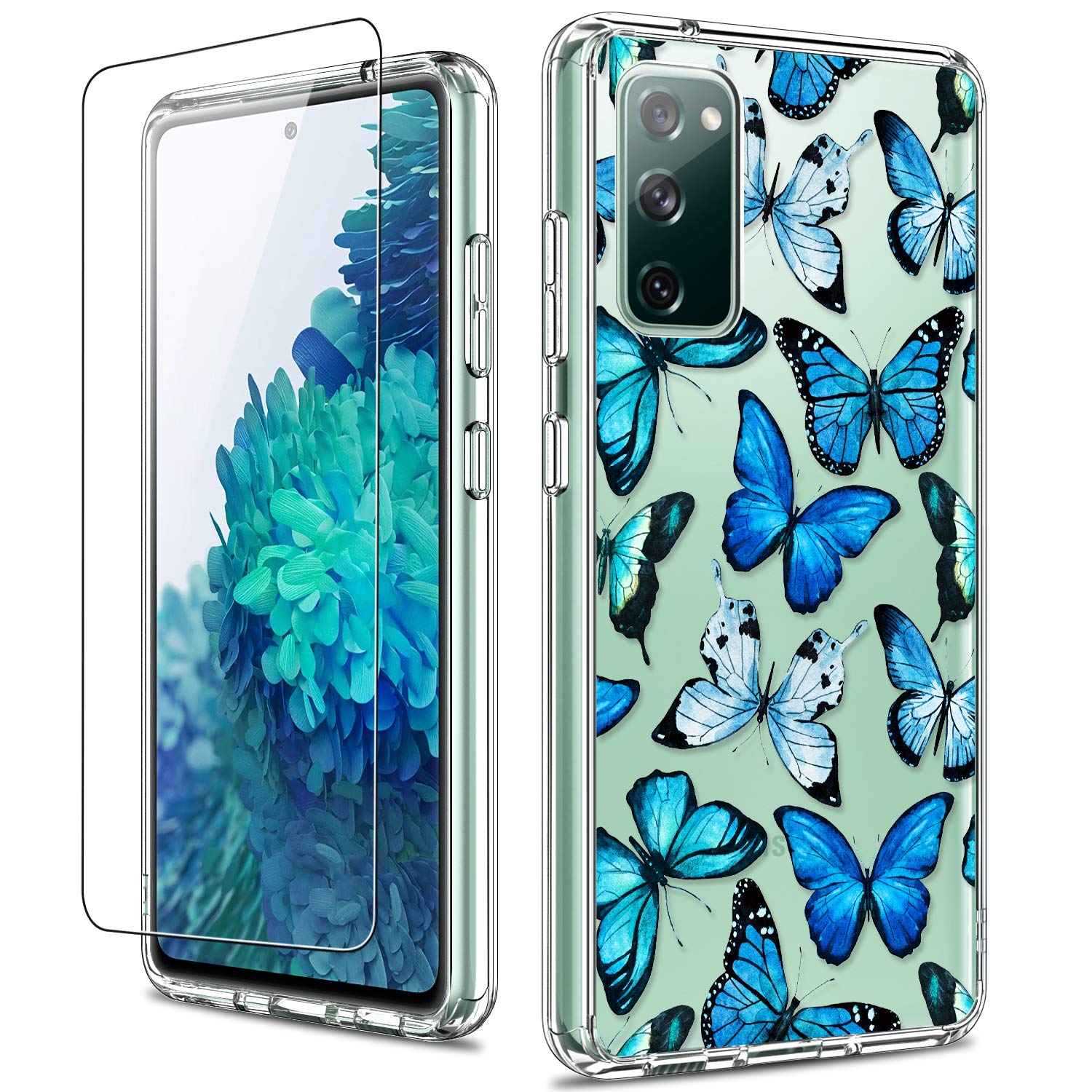 LUHOURI Galaxy S20 FE Case with Screen Protector,Blue Butterflies Floral Flower Designs on Clear Bumper Cover for Women Girls,Shockproof Slim Fit Protective Phone Case for Samsung Galaxy S20 FE 6.5"