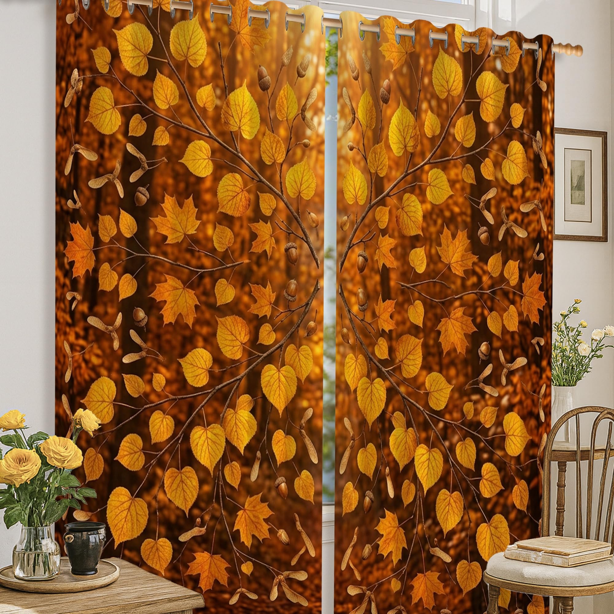 Rideau anti lumière et froid pour salon de style rustique jaune automne