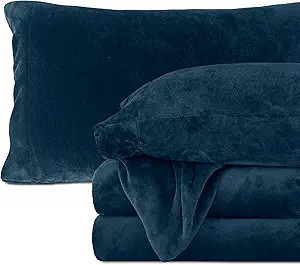 Elegant Comfort Luxuriously Soft 4-Piece Velvet Plush Flannel Sheet Set - Premium Quality - Cozy Warm, Anti-Static, Non Pilling Fuzzy Velvet Flannel Fleece Deep Pocket Sheet Set - Twin XL, Navy