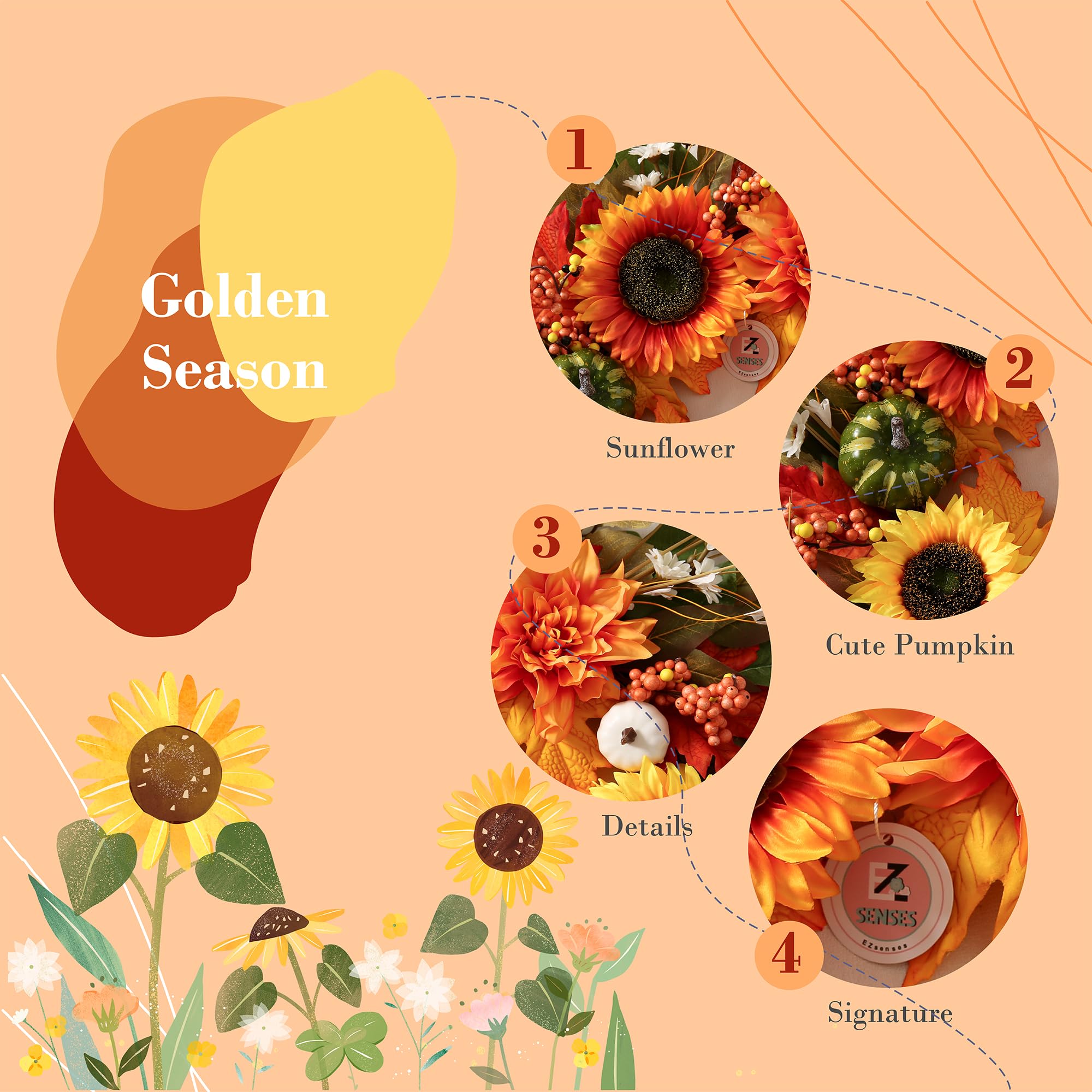 Herbstkranz für Haustür, 61 cm, Herbsttürdekoration mit Kürbissen, Sonnenblumen und Ahornblättern, rustikaler Bauernhausstil für Thanksgiving und Ernte