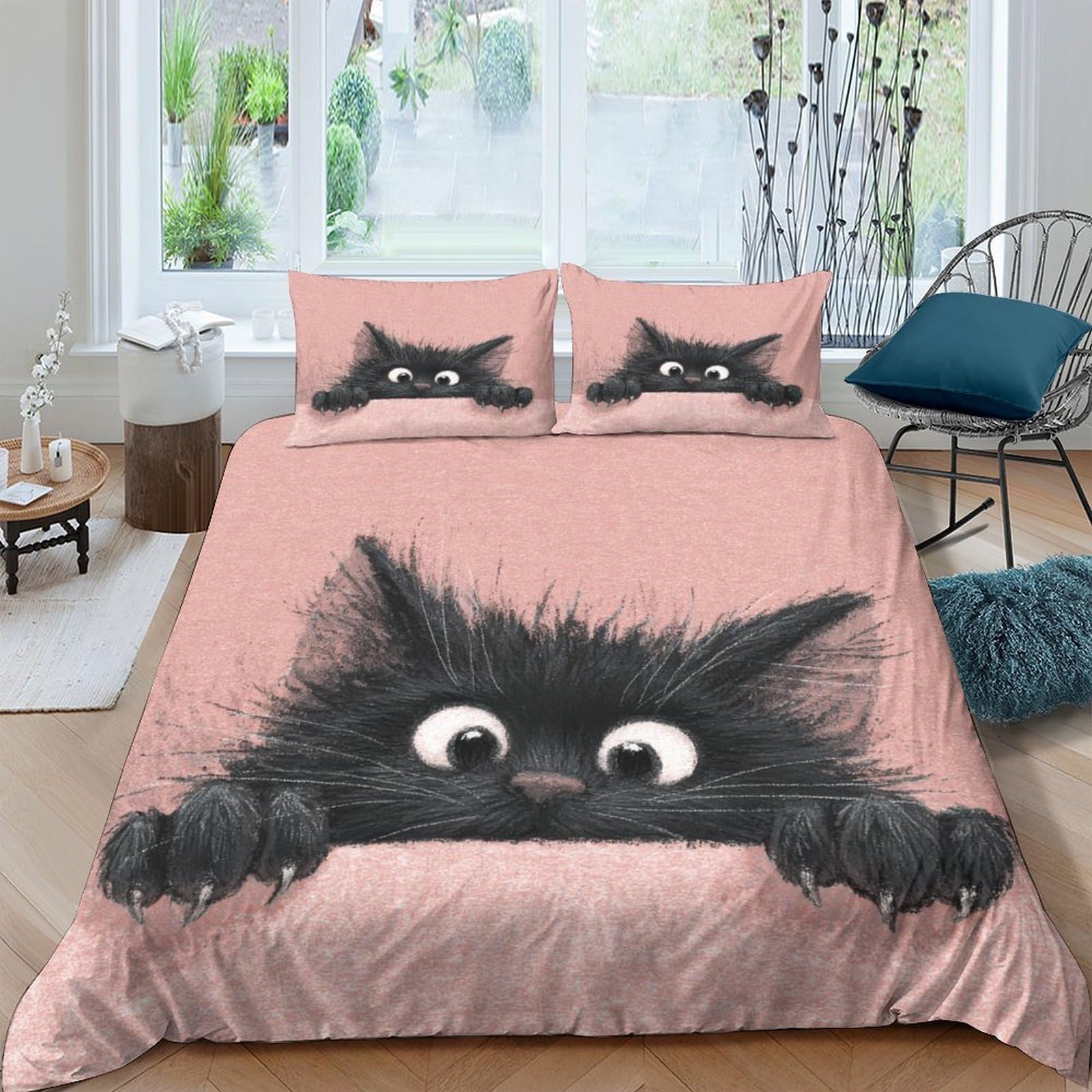 Ctjqhvkz Style-3 3D Printed Black Cat Cartoon Fitted Sheet Microfiber Soft Pink Cute Kitten Bed Cover For Bedroom Guest Room Decor Single（135X200cm）