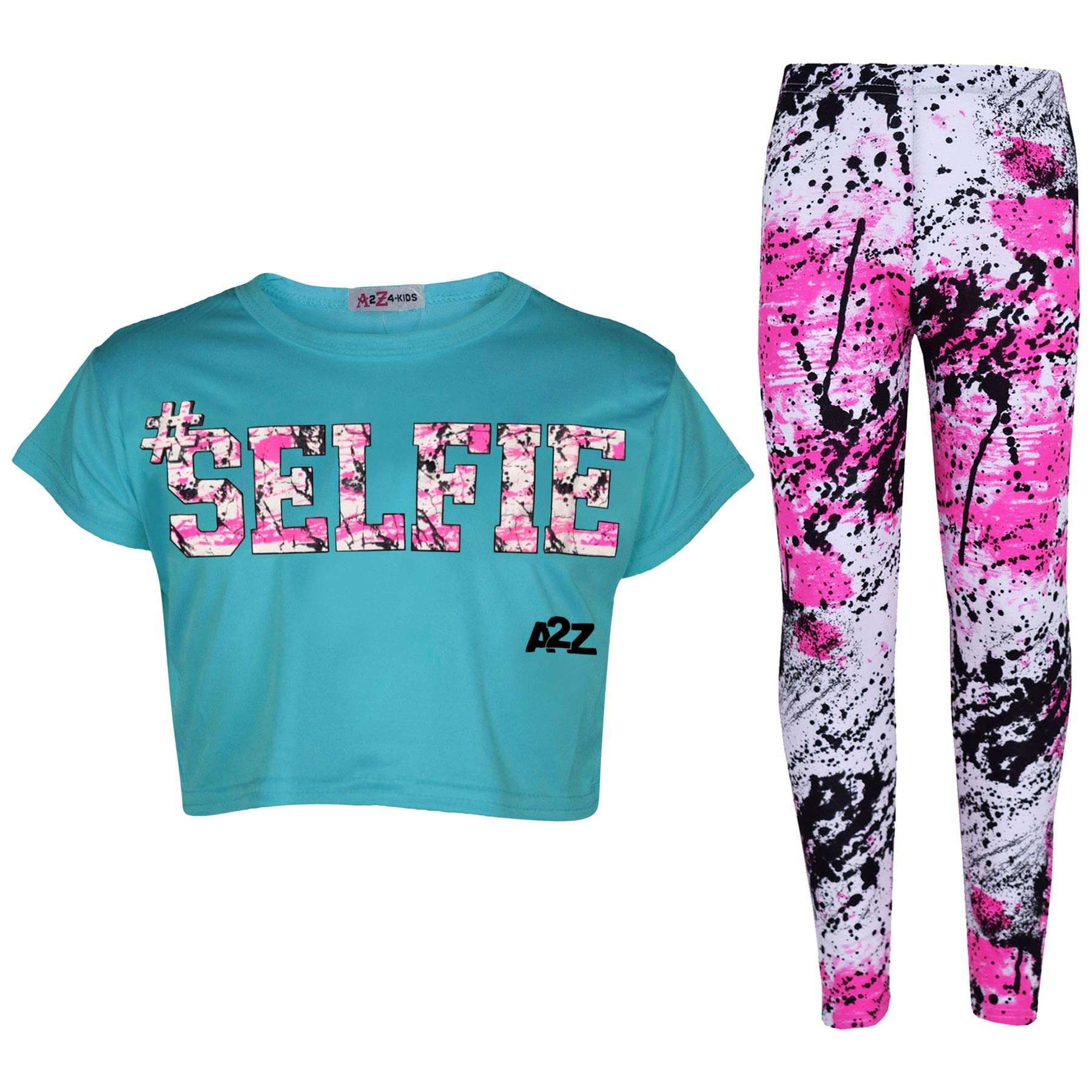 A2Z 4 Kids Girls Crop Top and Leggings Set #Selfie Printed Tie Dye Loungewear - Selfie Splash Crop Leg Turquoise 9-10
