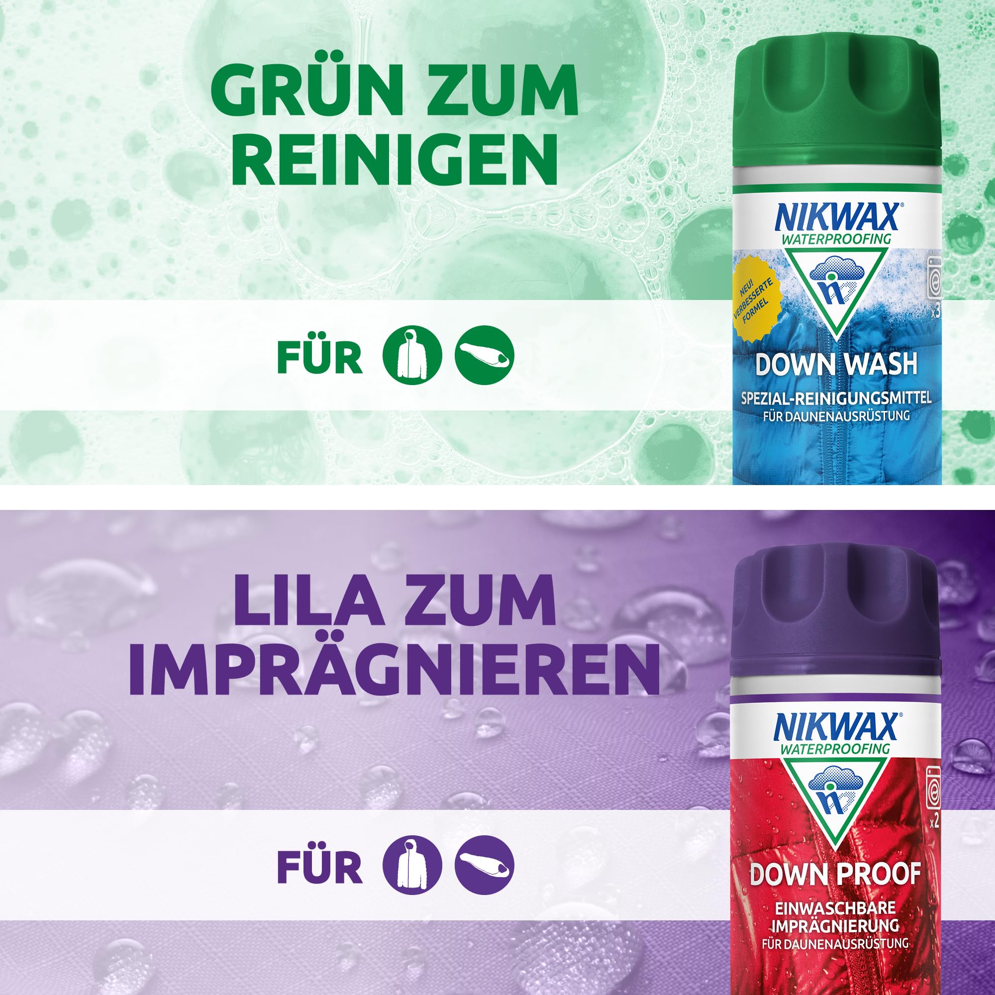 Nikwax Down Wash und Down Proof Doppelpack 2 x 300ml, zur Reinigung und Imprägnierung von Daunenbekleidung, Ausrüstung und Schlafsäcken