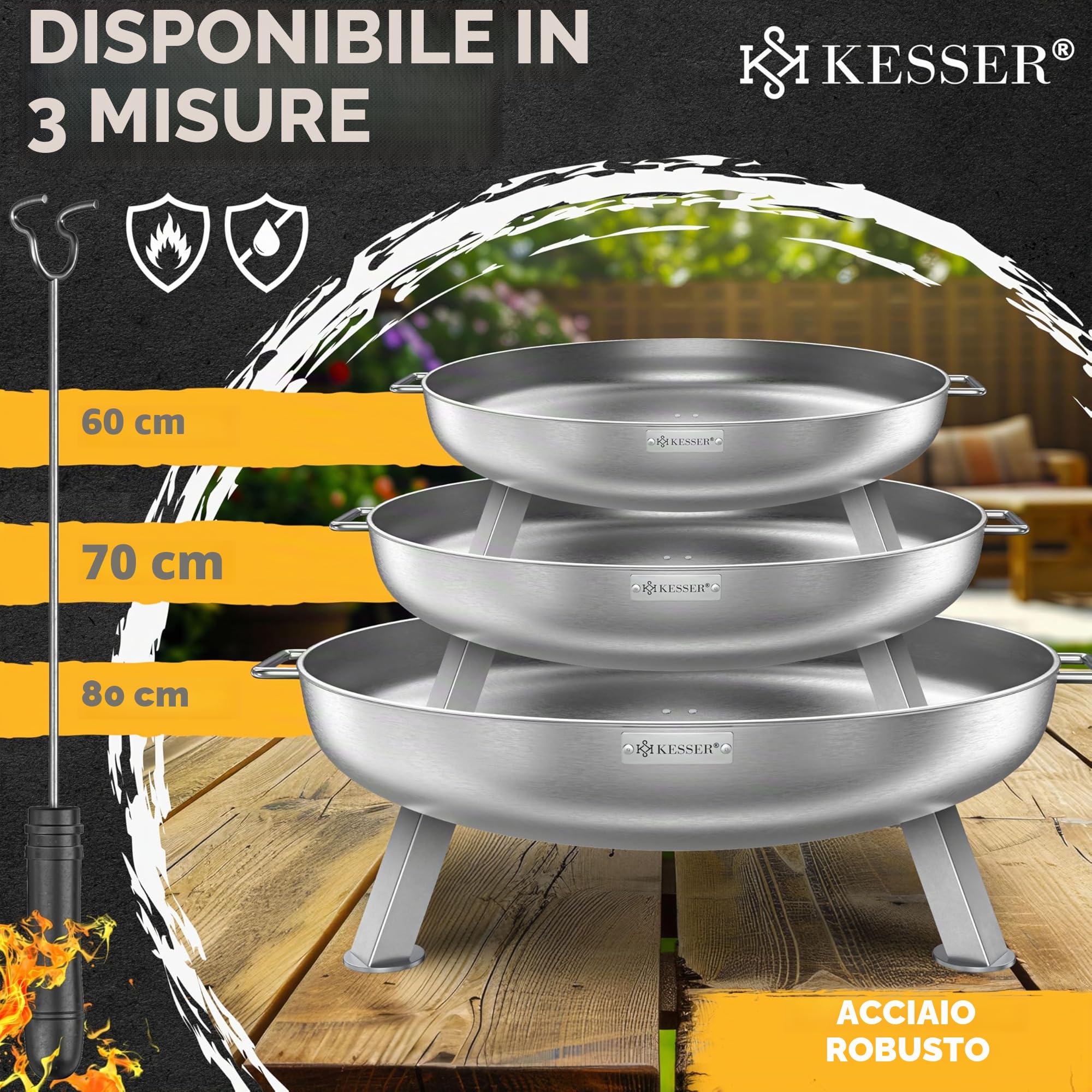 KESSER Braciere da 2,5 mm di spessore, in acciaio legato, Ø 80 cm, braciere con gancio da 42 cm, scarico dell'acqua in ghisa e 2 maniglie stabili, braciere per camino in legno e carbone, per giardino