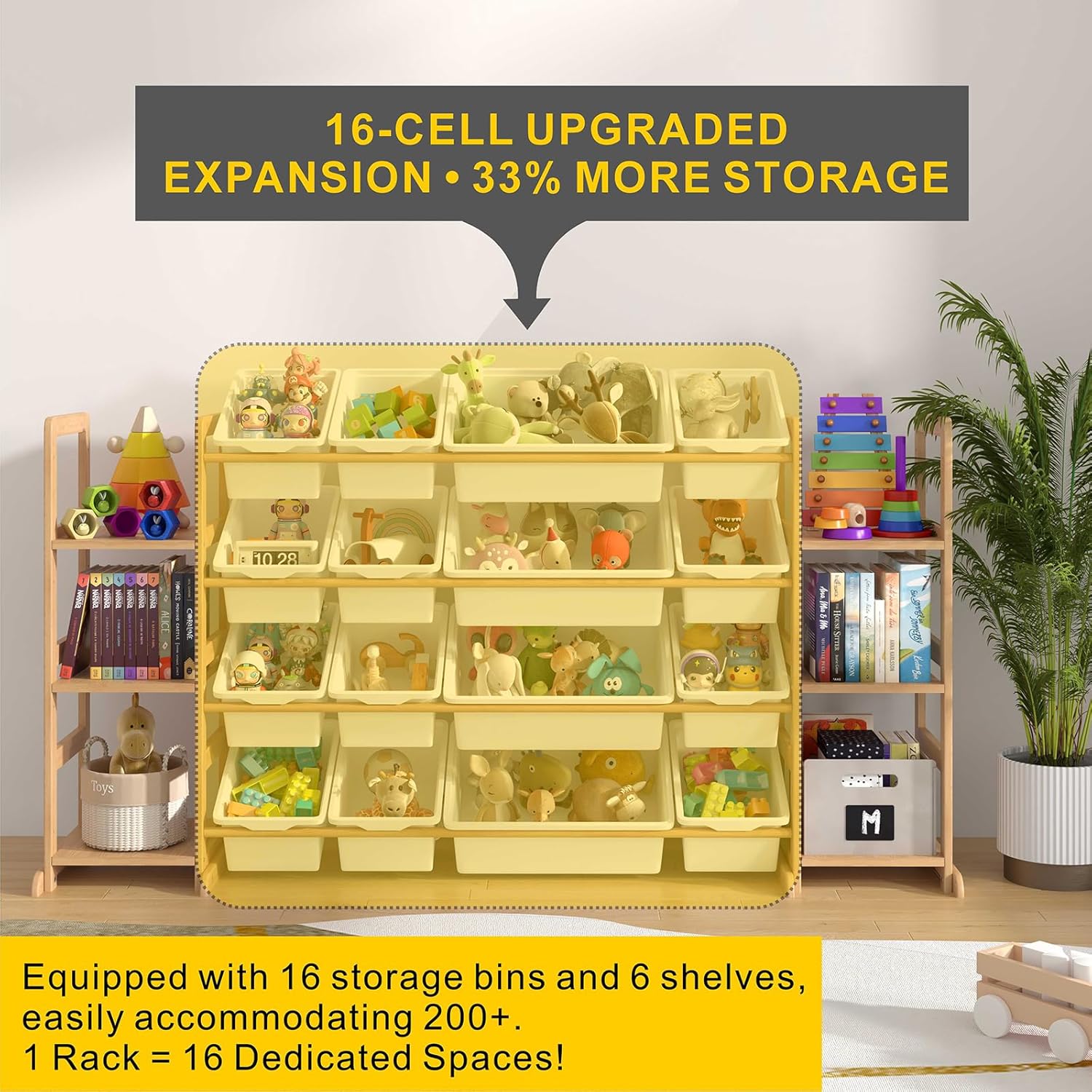 Kids Toy Storage Organizer with Bookshelf – Wooden Shelf with 16 Bins & 6 Shelves, Quick Assembly Storage Rack for Playroom, Bedroom, Nursery - White