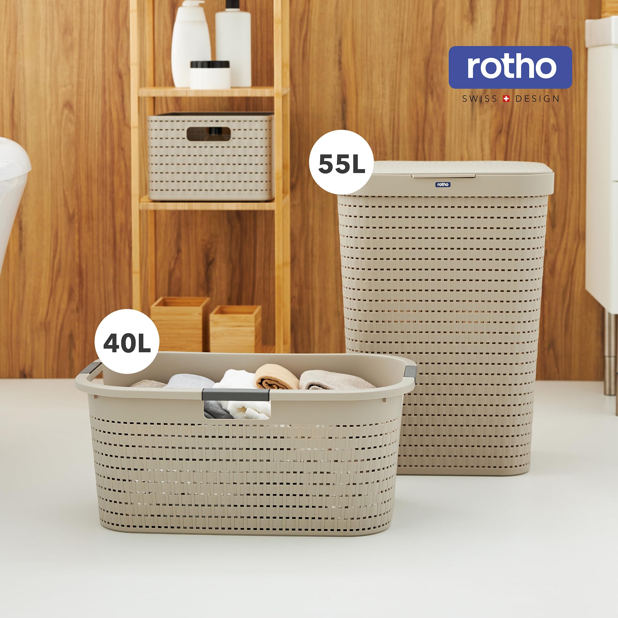 Rotho Country 3er-Set Wäschekorb 40l | Wäschebox in Rattan-Optik | mit Griffen, leicht zu tragen | robust & langlebig | einfach zu reinigen & hygienisch | beige